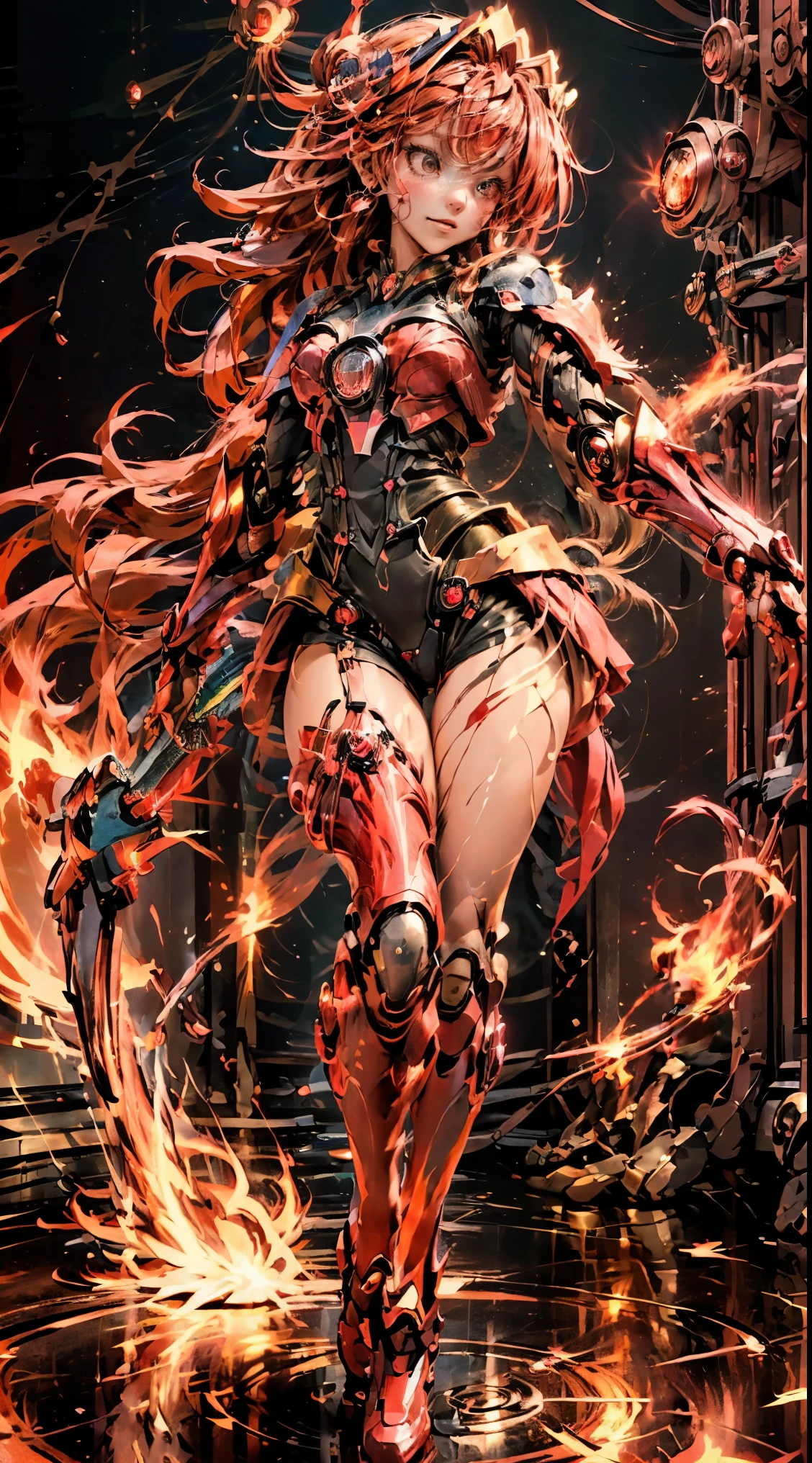 (mesa,extremadamente detallado, Mechas pesadas, superficie dura),(Arte conceptual:1.1),(Shielded core style:0.8), A woman in robo ninja armor is standing.,(cuerpo rojo:1.1),(patas largas:1.1),(Equipado con sable y cadena.:1.1),(Un ojo detallado:1.3),(Una cara detallada:1.3),(Armas detalladas:1.3),(Cuerpo detallado:1.3),((cuerpo completosbian:1.5)),(The background is a crimson flame..:1.5),realista