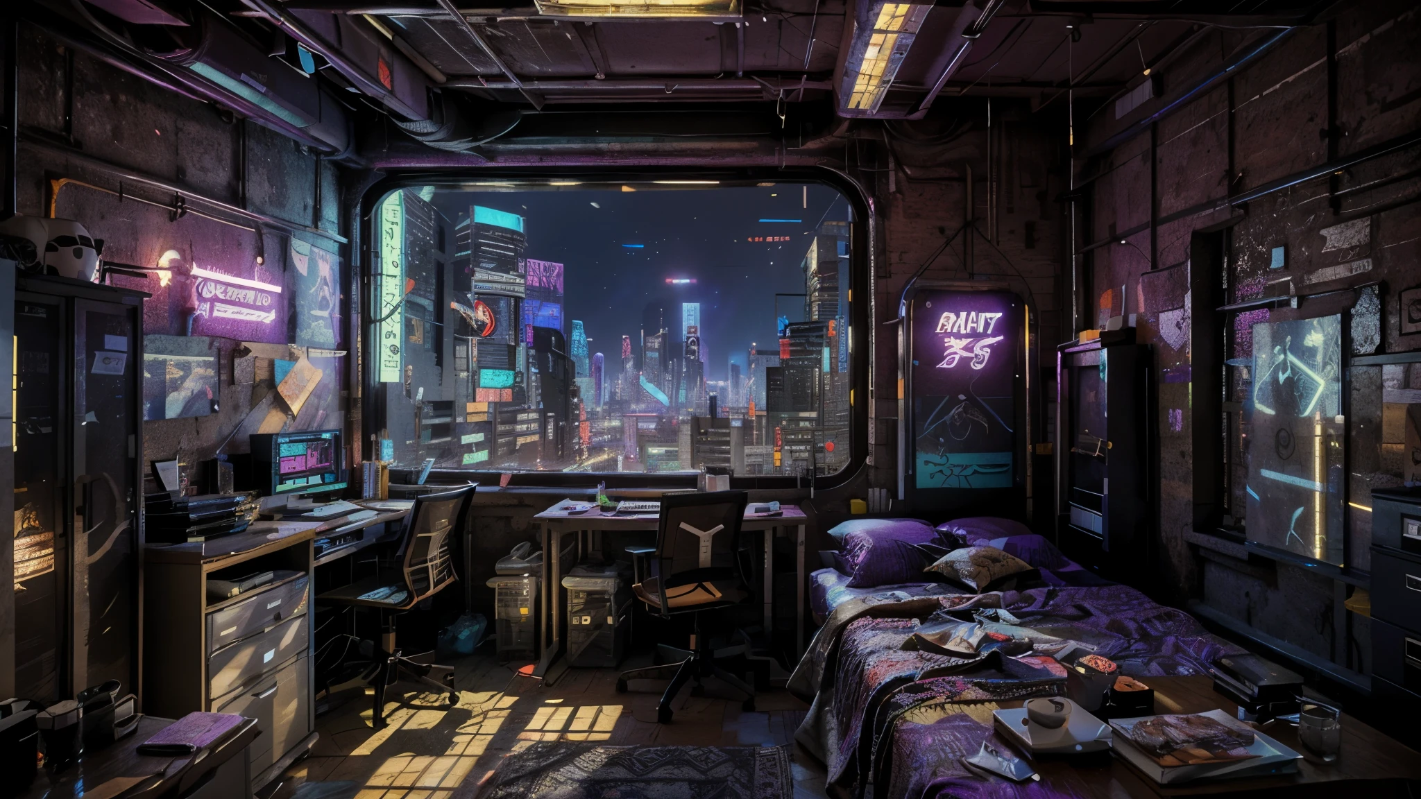 This is a cyberpunk fantasy image. Generate a office surrounded by a cyberpunk city. The office serves as an oasis in the middle of a chaotic cyberpunk city. has windows. purple neon light Through the bedroom's windows the colorful, very detailed, and beautifully complex cyberpunk cityscape is visible. The image should be dynamic and compelling and realistic. bedroom only (((masterpiece))), (((best quality))), ((ultra-detailed)),(highly detailed CG illustration) purple and blue lights