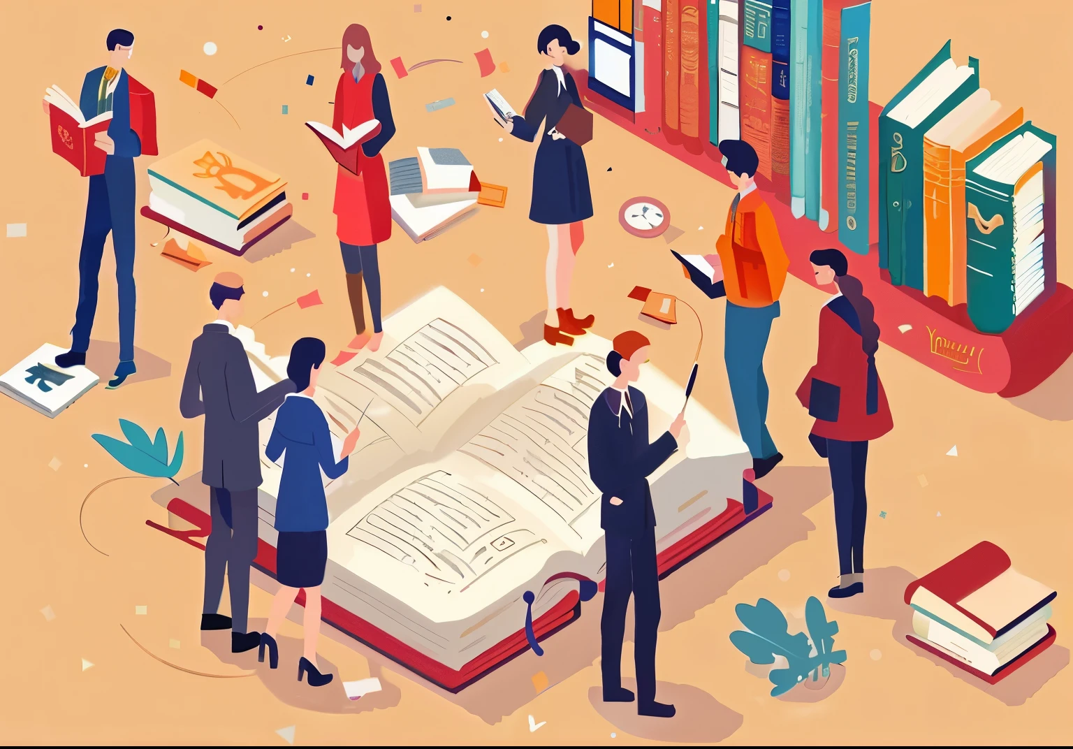 people are standing around a book with many books on it, textbook illustration in clolour, detailed book illustration, book illustration, flat illustration, encyclopedia illustration, illustration detailed, by Romain brook, book library studying, by Seb McKinnon, editorial illustration, illustrative art, by Carey Morris, library background, by Andrzej Wróblewski, illustration!, illustrative