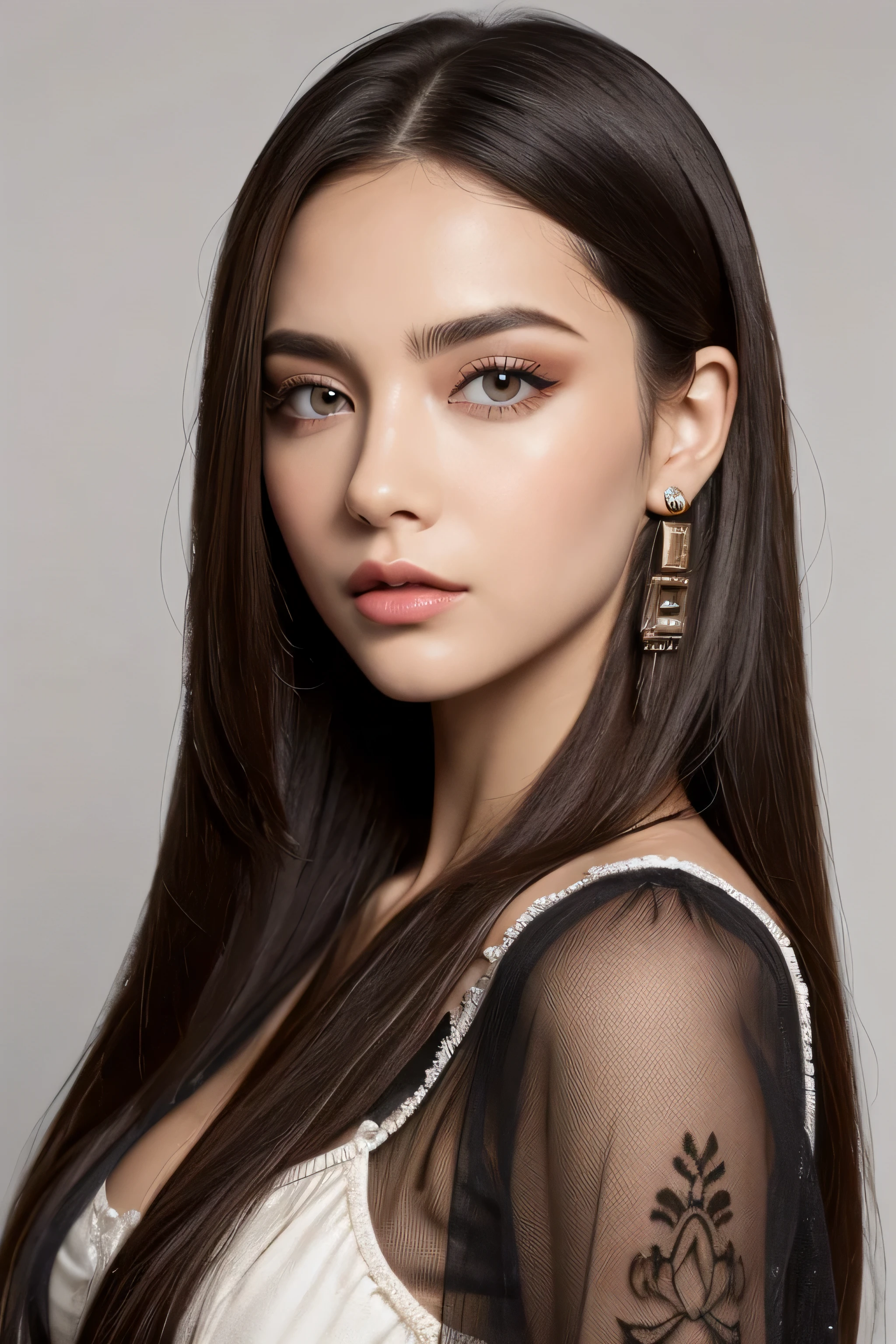 retrato de medio cuerpo, chica voluptuosa, aretes de cruz invertida, cabello largo y ondulado con fleco asimetrico pelirrojo, muy atractiva, corset negro con cierre frontal y detalles de cadenas a los lados, chaqueta de cuero rockera, cara frontal, maquillaje gotico de tonalidades rojizas oscuras, labial de color rojo oscuro, muy detallado
