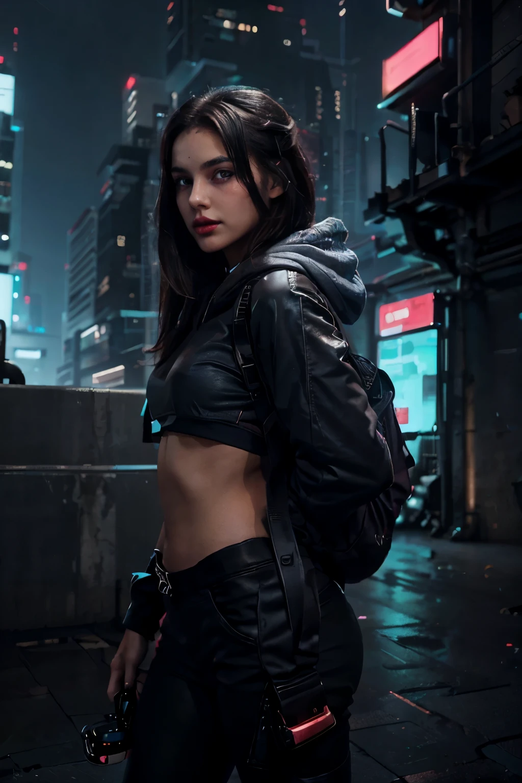 Generate a picture depicting a young teenage girl. She is beautiful, seductive and mysterious. She has long, straight and dark hair that shimmers with light. She has large, moving dark blue eyes. She has a mysterious look. She has a large, charming nose. She has pretty, uplifting lips painted with strong red lipstick. She has a small scar on her cheek. She has partly visible breasts. She is sexy. She is tall, lean and athletic. She is dressed in a hoodie (sporty type), black material pants (tight) and black shoes (converse type). She carries a backpack on her shoulder. She is standing on the roof of a tall building. It looks like Night City. It's in the style of cyberpunk, focused on the character, heavily rendered details. 
