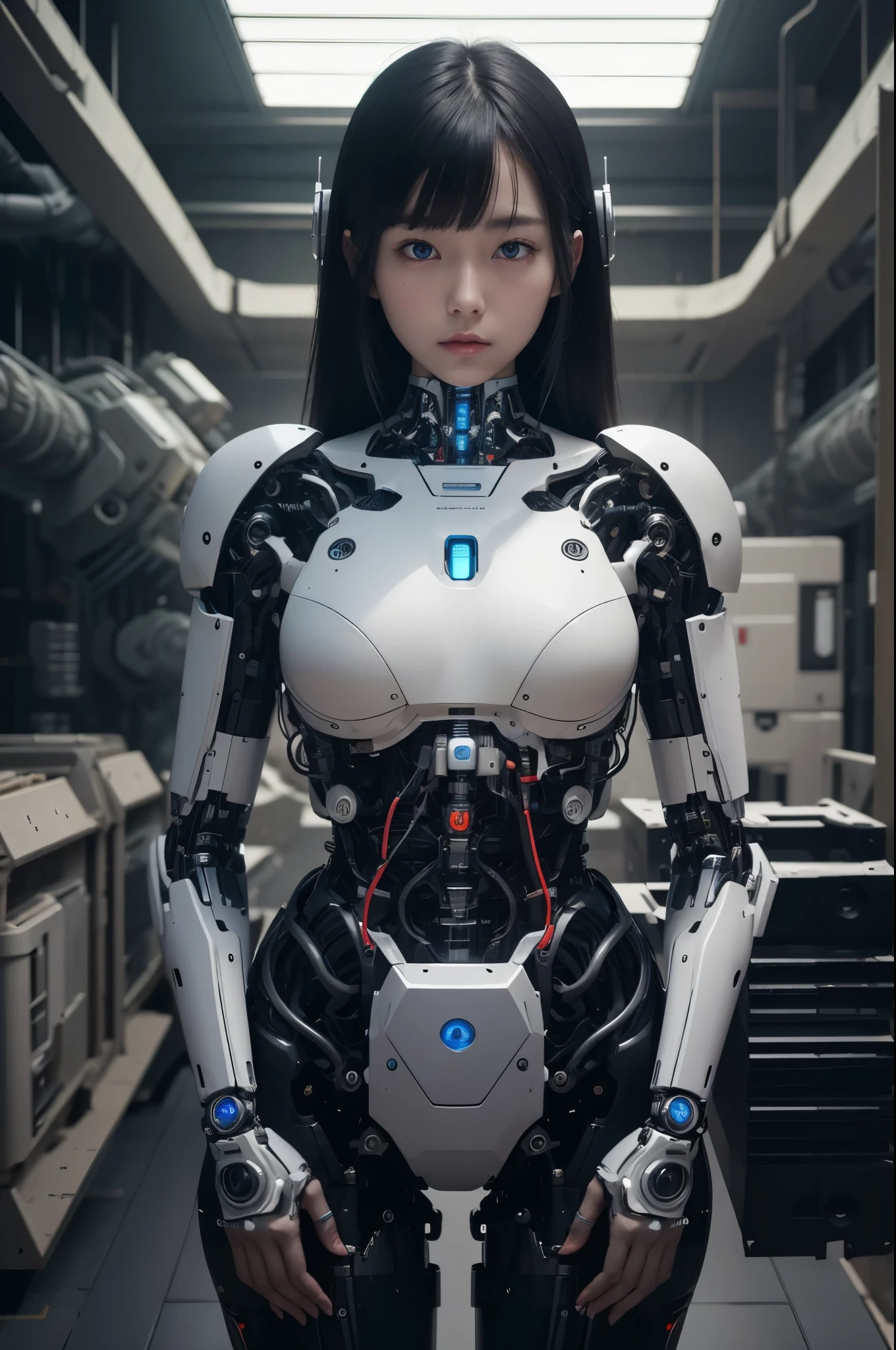 masterpiece, best quality, extremely detailed,8k portrait,Japaese android girl,Plump , control panels,android,Droid,Mechanical Hand, Robot arms and legs, Black hair,Blunt bangs,perfect robot girl,long tube,thick cable connected her neck,android,robot,humanoid,cyborg,japanese cyborg girl ,robot-assembly plant,She has assembled now,assembly scene,white robot body,blue eyes,