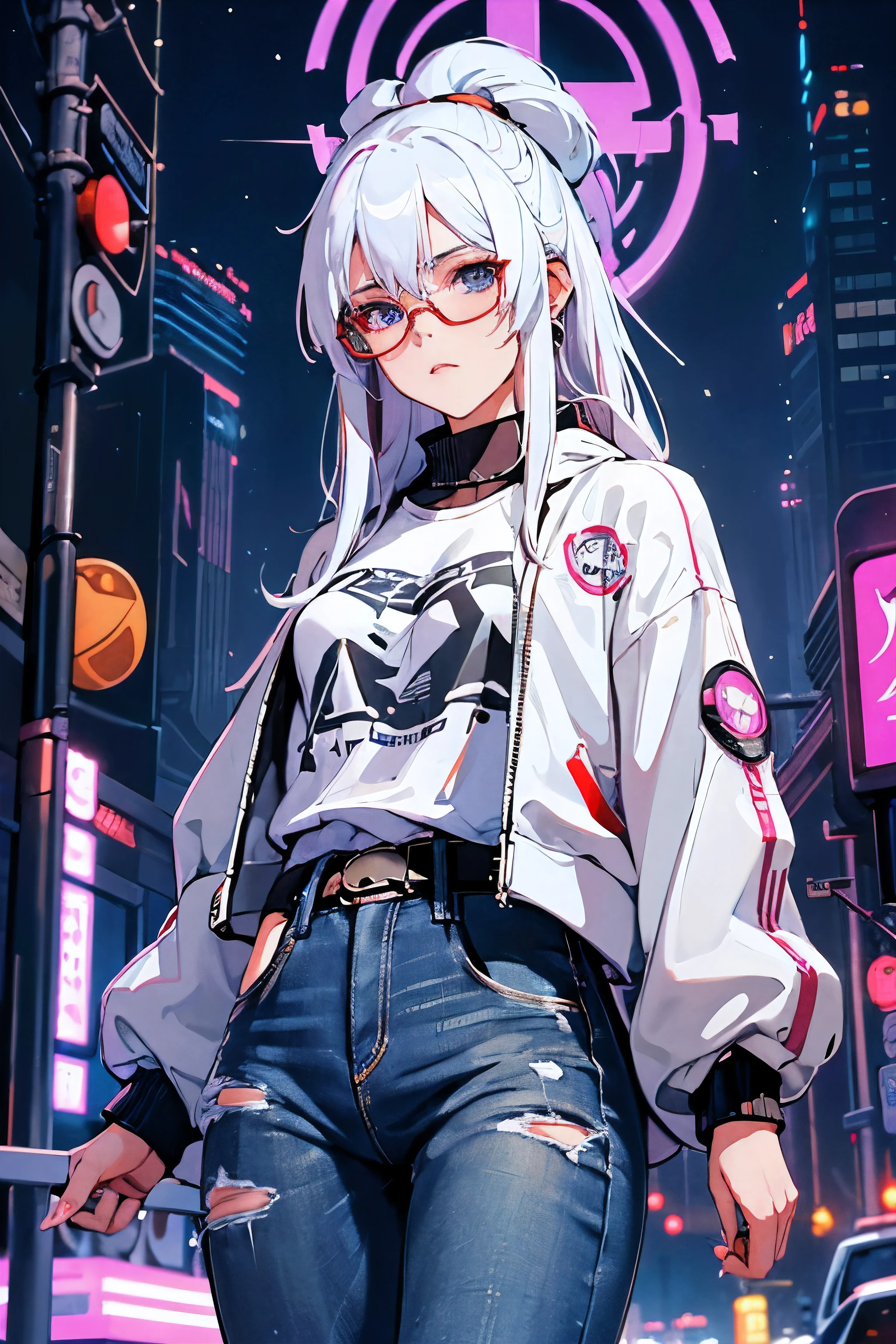 ((Melhor qualidade)), ((obra de arte)), garota linda, afinar, cabelo branco, Dicas de cabelo roxo, cidade futurista, Placas de neon, carros com luzes, caminhando por um beco da cidade de Cyberpunk, garota de jeans, camisa branca, jaqueta preta, red circular glasses, arte de Mika Pikazo, Guweiz , uau, Single Detail, obra de arte