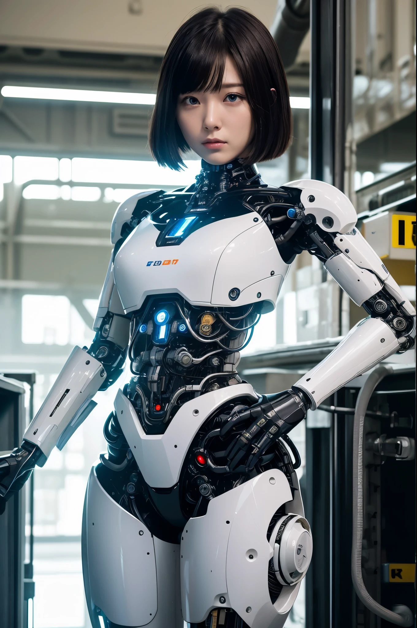 masterpiece, best quality, extremely detailed,8k portrait,Japaese android girl,Plump , control panels,android,Droid,Mechanical Hand, Robot arms and legs, Black hair,Blunt bangs,perfect robot girl,long tube,thick cable connected her neck,android,robot,humanoid,cyborg,japanese cyborg girl ,robot-assembly plant,She has assembled now,assembly scene,white robot body,blue eyes, 