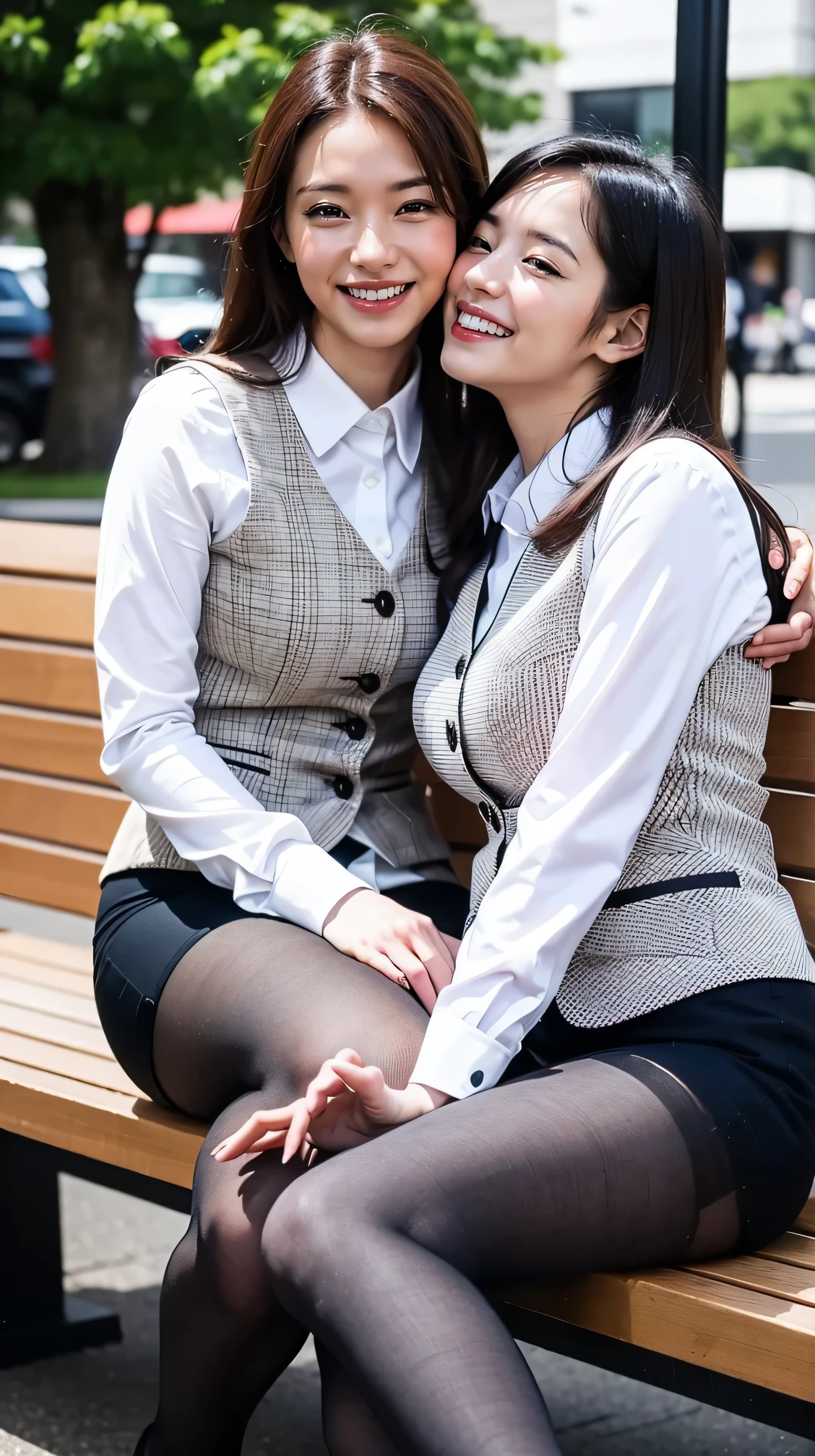 Ulchan-6500-v1.1, (Raw photo:1.2), (Photoreal), (genuine:1.4), 1girl、perfect anatomy、48 years old、look at the camera、medium long hair、plaid vest、((sit on a bench and eat lunch:1.1))、(super realistic pantyhose:1.2), (high heels)、(business services)、(very affectionate smile:1.2)、