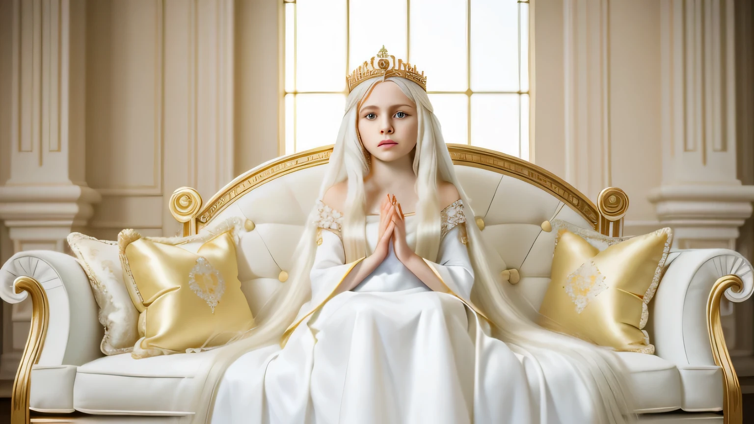 Fairytale Kingdom of Fantasia. Inside the ivory tower. ((((-yeld)) ldlike Empress)), incredibly beautiful, pale white skin, large golden eyes. (((long white hair))). She wears a formal silk gown of pure white and sits on a couch made out of many cushions. ((Serene expression))
