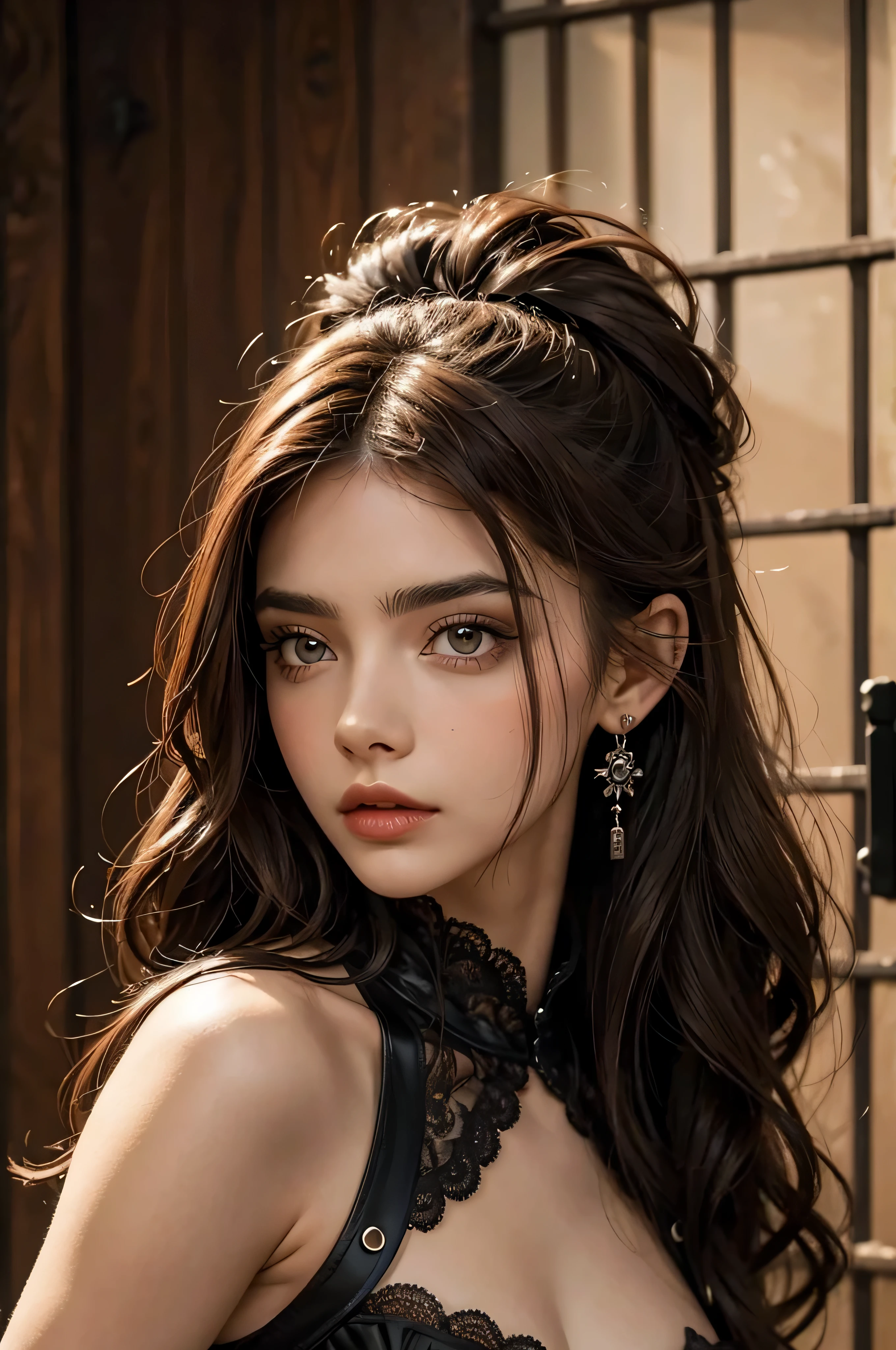 retrato de medio cuerpo, chica voluptuosa, aretes de cruz invertida, cabello largo y ondulado con fleco asimetrico pelirrojo, muy atractiva, corset negro con cierre frontal y detalles de cadenas a los lados, chaqueta de cuero rockera, cara frontal, maquillaje gotico de tonalidades rojizas oscuras, labial de color rojo oscuro, muy detallado