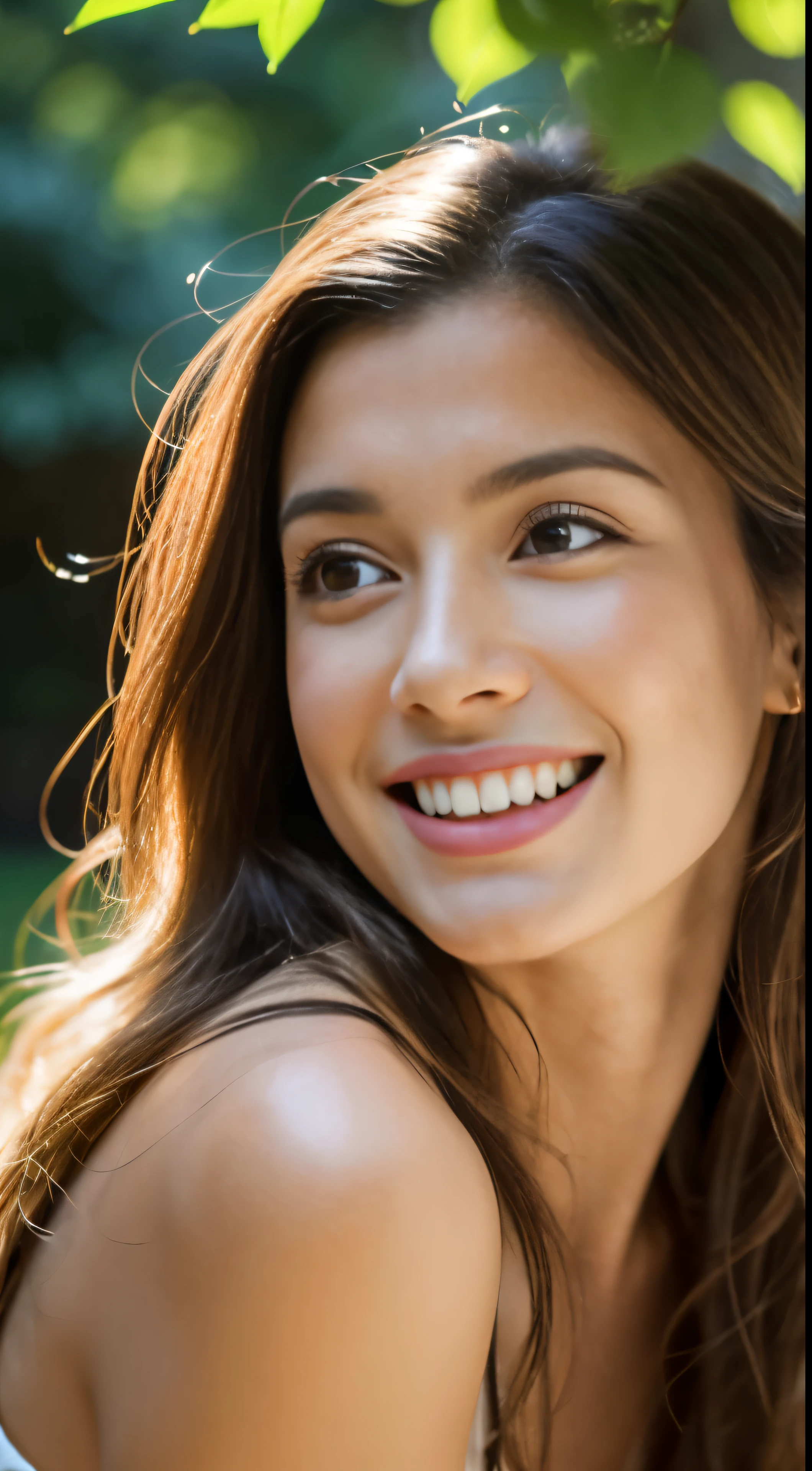 woman posing for a photo, Laugh, Happy, Long hair, Straight hair, finely detailed skin, During the day, A hot summer day, Nature lighting, detailed face:1.2, sharp focus, Hasselblad photography, masterpiece, Light makeup, cinematic lighting, 4k, best quality