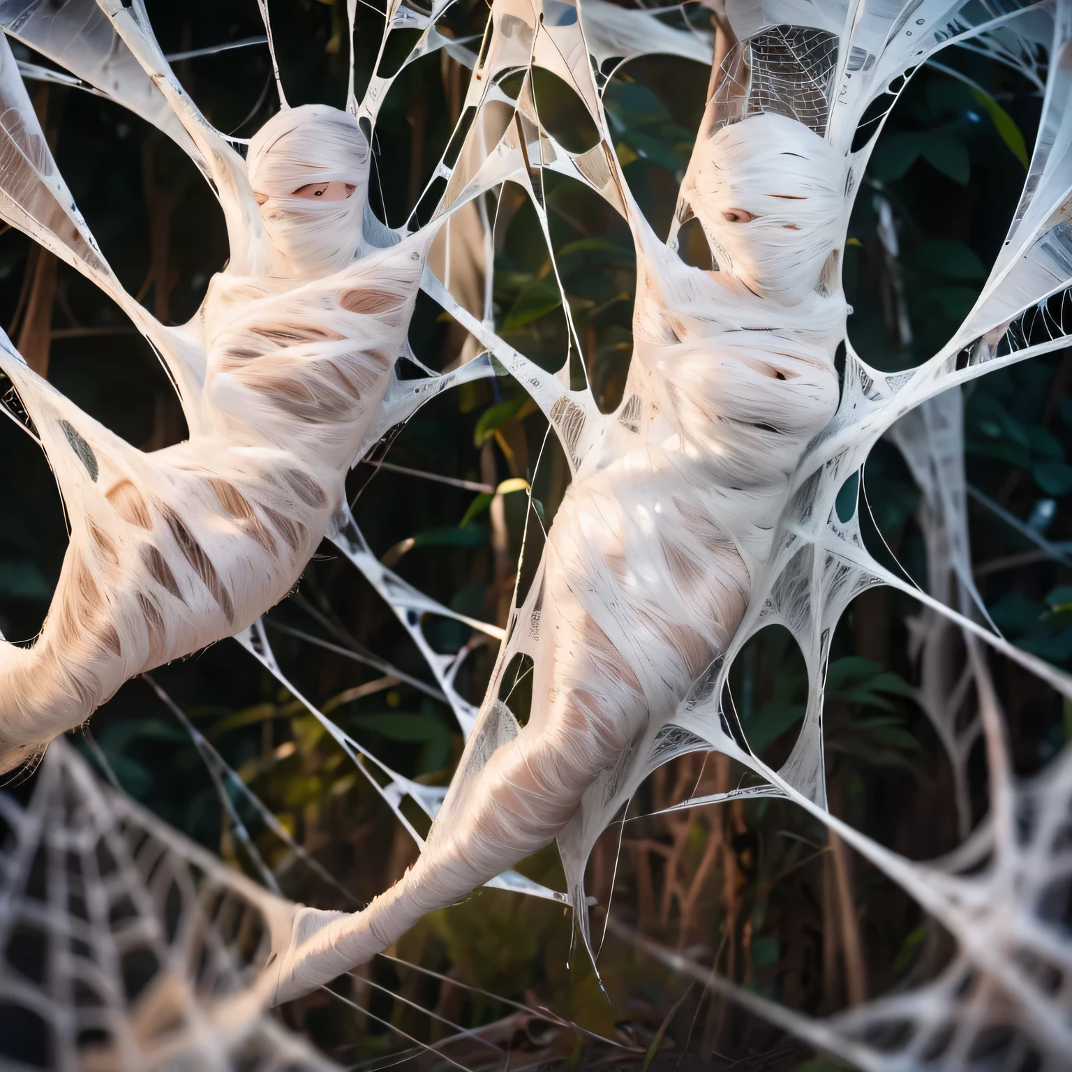 a girl entangled in the spider web, struggle, detailed classroom, (cocoon:1.3), spider web, hanging, spider in the web, spider