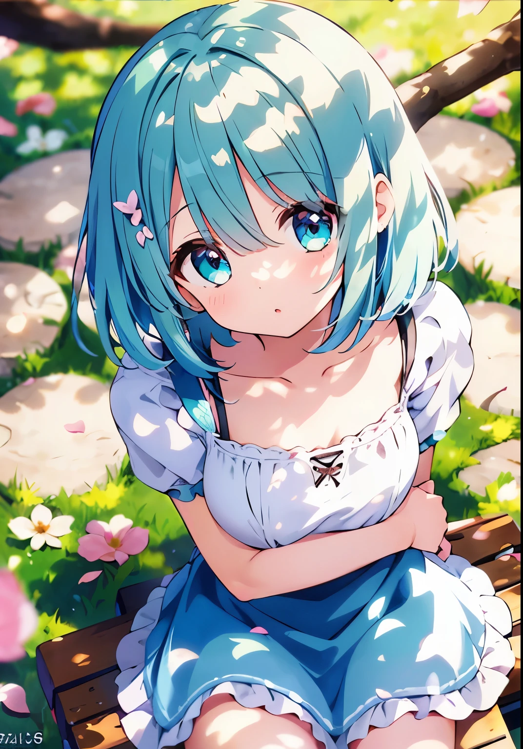 solo:1.2)),cute girl sitting on bench in garden,frilled dirndl,from above,looking up,cobblestone pavement,aqua hair,fine bob cut,(hair over one eye),(dappled sunlight:1.2),blurry,(depth of field:1.1),head tilt,:o,(petals),tree,butterfly, nude, very big breast naked
