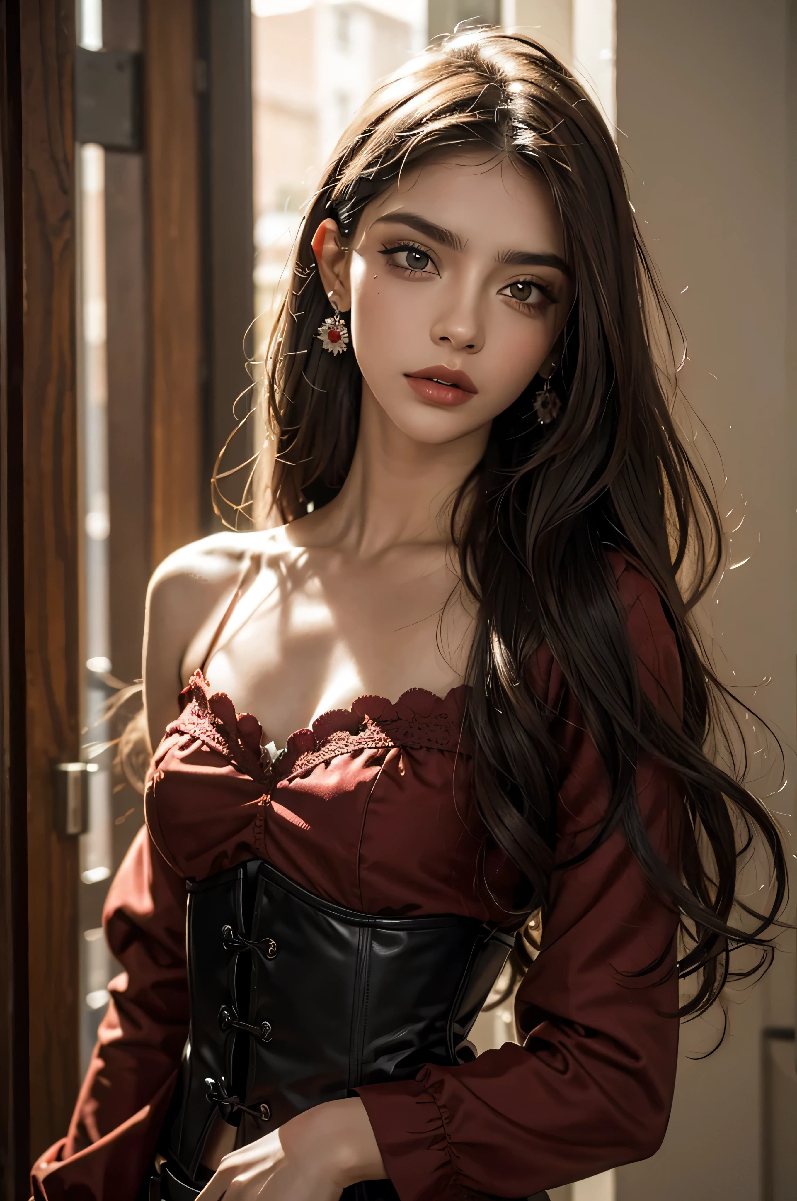 retrato de medio cuerpo, chica voluptuosa, aretes de cruz invertida, cabello largo y ondulado con fleco asimetrico pelirrojo, muy atractiva, corset negro con cierre frontal y detalles de cadenas a los lados, chaqueta de cuero rockera, cara frontal, maquillaje gotico de tonalidades rojizas oscuras, labial de color rojo oscuro, muy detallado