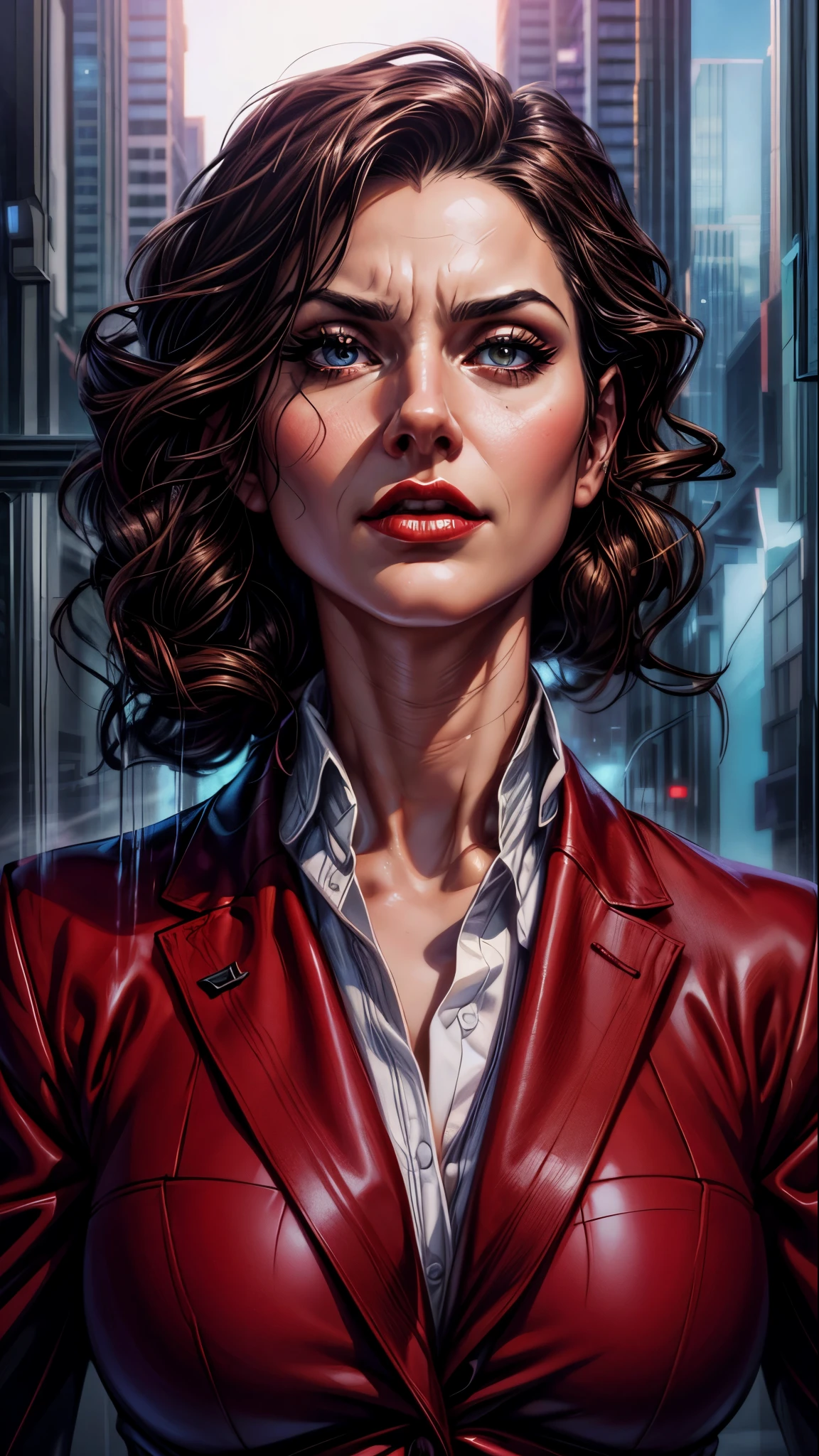 painting of a woman in a suit and red lipstick posing for a picture, elegant digital painting, stunning digital painting, gorgeous digital painting, digital art of an elegant, in style of digital illustration, oil painting of realistic woman, glossy digital painting, in style of digital painting, beautiful digital painting, beautiful digital artwork, stunning digital illustration, portrait digital art, digital art portrait, e pic portrait of menacing, epic portrait illustration, epic ilustration, epic digital art, intense painting, powerful painting, wojtek fus, realistic fantasy art, epic game portrait, rob rey, portrait from hell, malevolent expression, horrific digital art, hyper real, hyper real ilustration