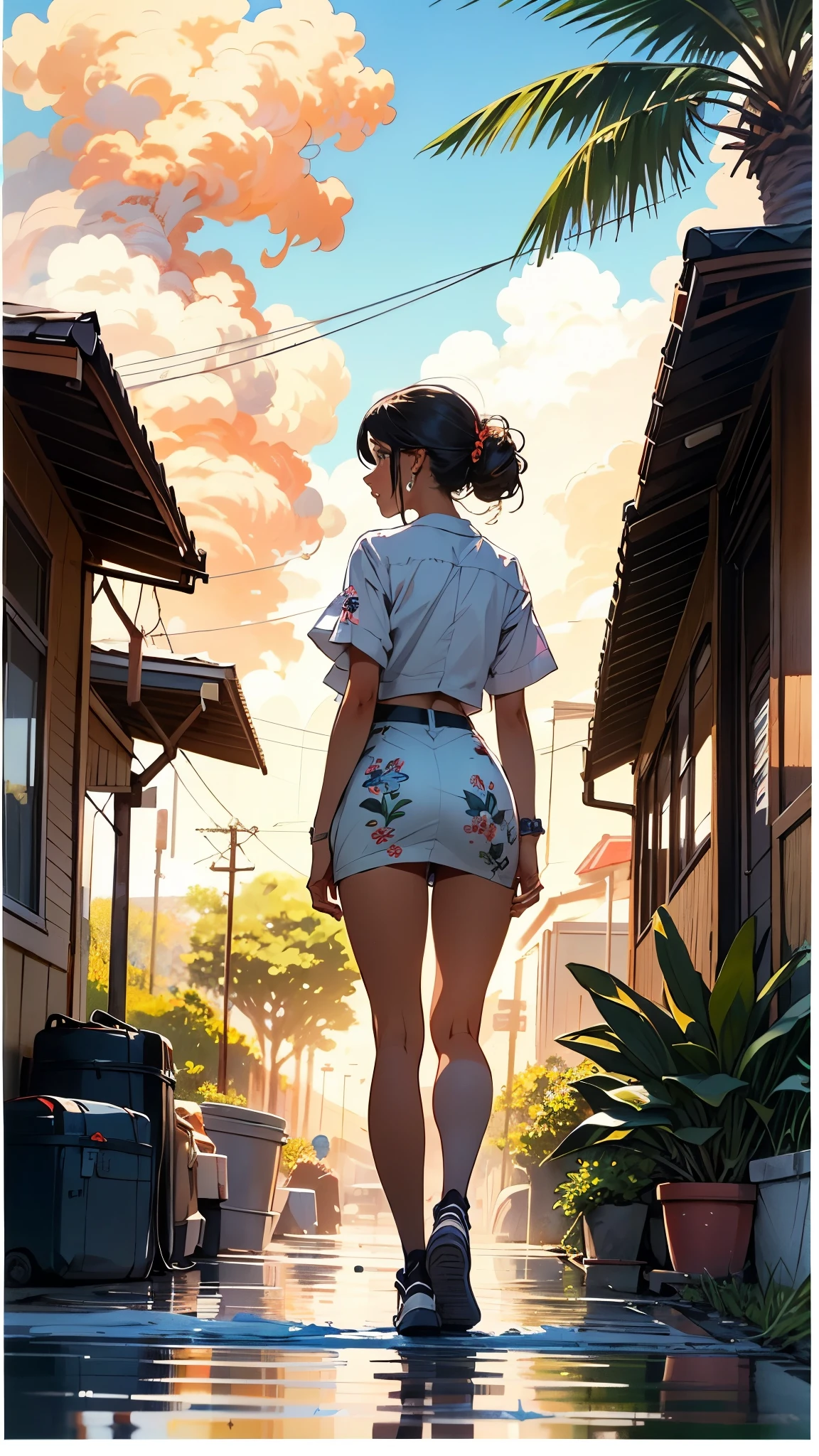 Hawaii Lahaina burning fire in the back, 1 girl painting from the water view, style by Jaime Frias, Best quality, realistic, award-winning illustration in color, (complicated detail: 1.2), (fine detail)