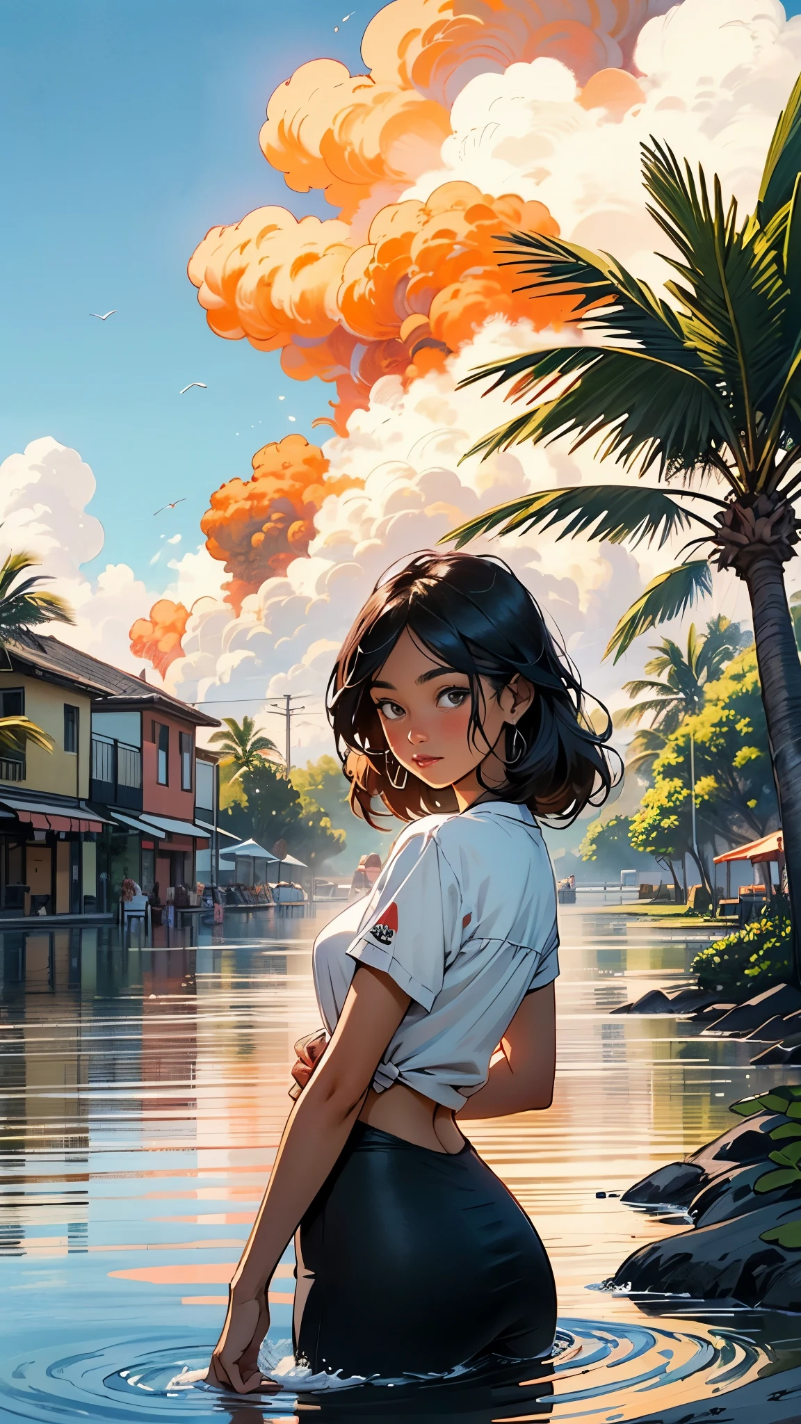Hawaii Lahaina burning fire in the back, 1 girl painting from the water view, style by Jaime Frias, Best quality, realistic, award-winning illustration in color, (complicated detail: 1.2), (fine detail)