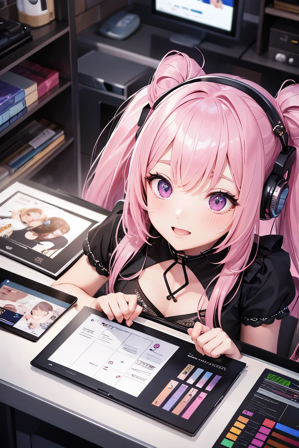 striped hair,pink twintail hair, Hello, mole under eye, mole under mouth, heart shaped eyes, long eyelashes, pink eyes, heart shaped choker、Full body Esbian、look at the audience、shy, blush, teeth, ear blush, nose blush,anime style, color field paint, ray tracing, bloom, one person'perspective, nffsw, award-winning, 16k, 最high quality, advanced details, high quality, table top, High resolution, Accurate, Super detailed