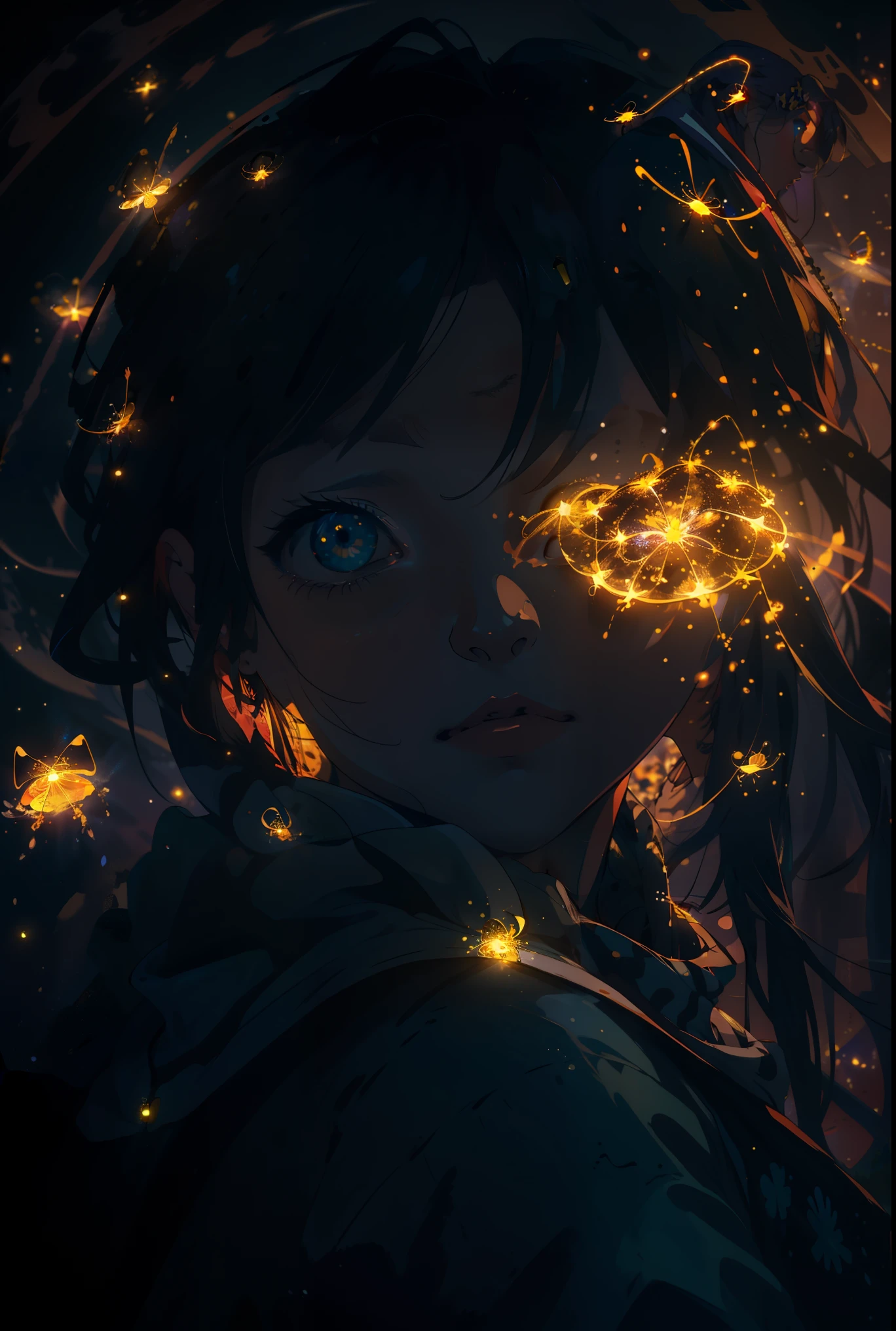 parte maestra, Gorgeous, paisaje, (((NO_HumaNOs))), Noche, flor, garden, cielo estrellado, constelaciones, impresionante, vista, agua, warm, acogedor, peaceful, Meteoro, cosmico, magia, magia, particles, Justo, ((fireflies))
