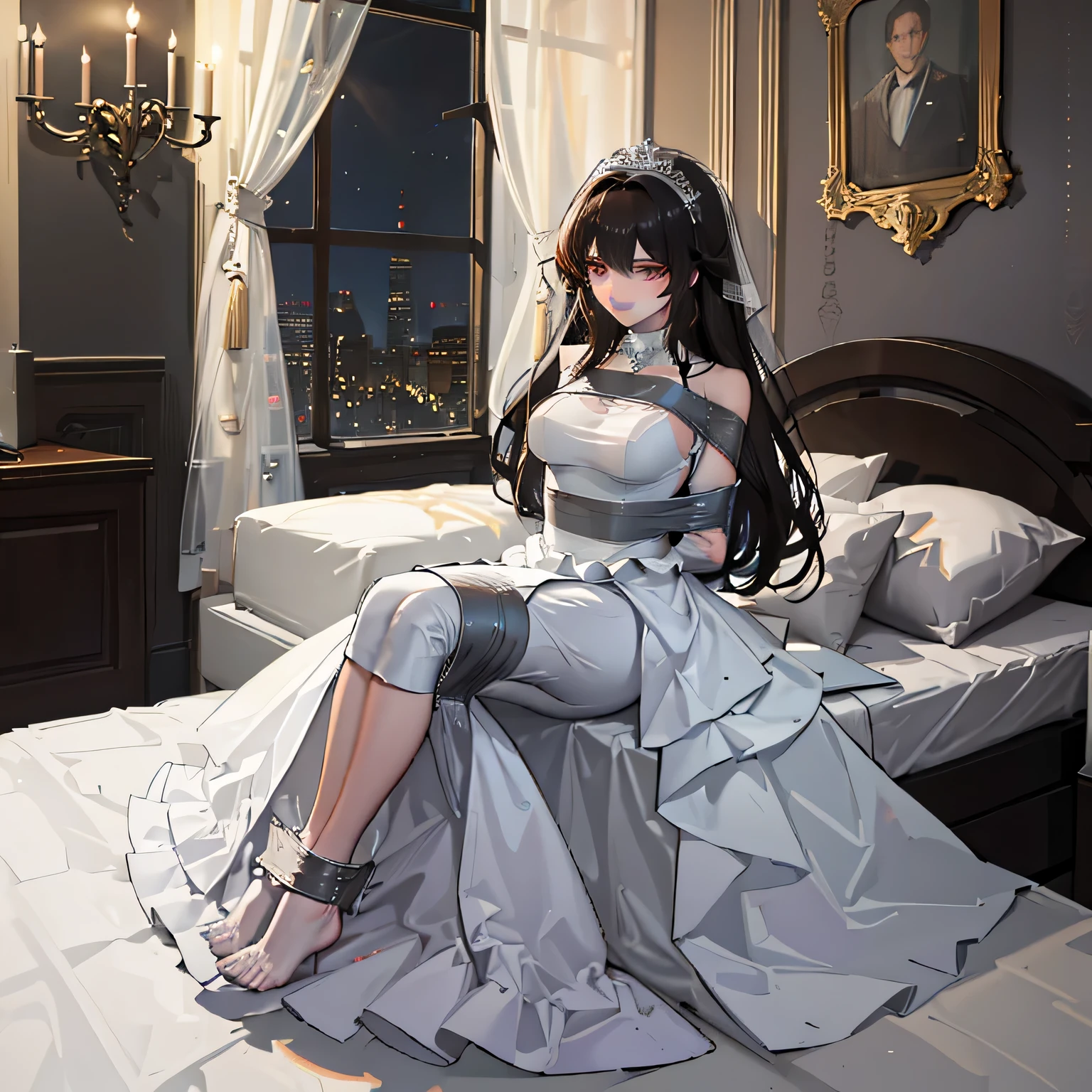 (bright lighting,romantic setting),bride captured, dreamy background,bondage,dark hair, mesmerizing gaze, , soft skin, alluring beauty, artistic portrait, high-quality image, vibrant colors, long silk gown, in the bed,tape bondage,tape gag, mosquito net, bridal