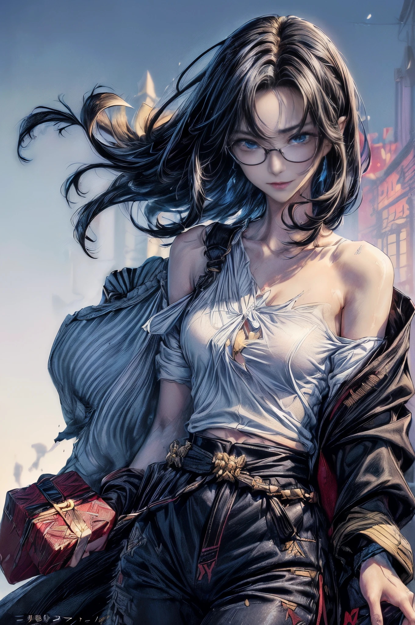 cinematic lighting、highest quality,cyberpunk world、1 female、(25 year old beauty、medium hair、black hair、shoulder length hair、blue eyes:1.4)smile、break,medium hair、(Glasses:1.5)
break、
(white shirt with open chest:1.3)、(Sweat pants)break.
(A room with dazzling morning sun、on the bed:1.2)(包装された小さいプレゼントを🎁持っている:1.8)break(portrait angle、landscape)