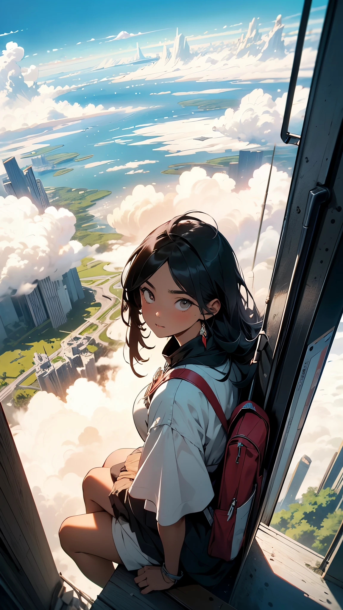 Anime girl sitting on a ledge looking out of a window - SeaArt AI