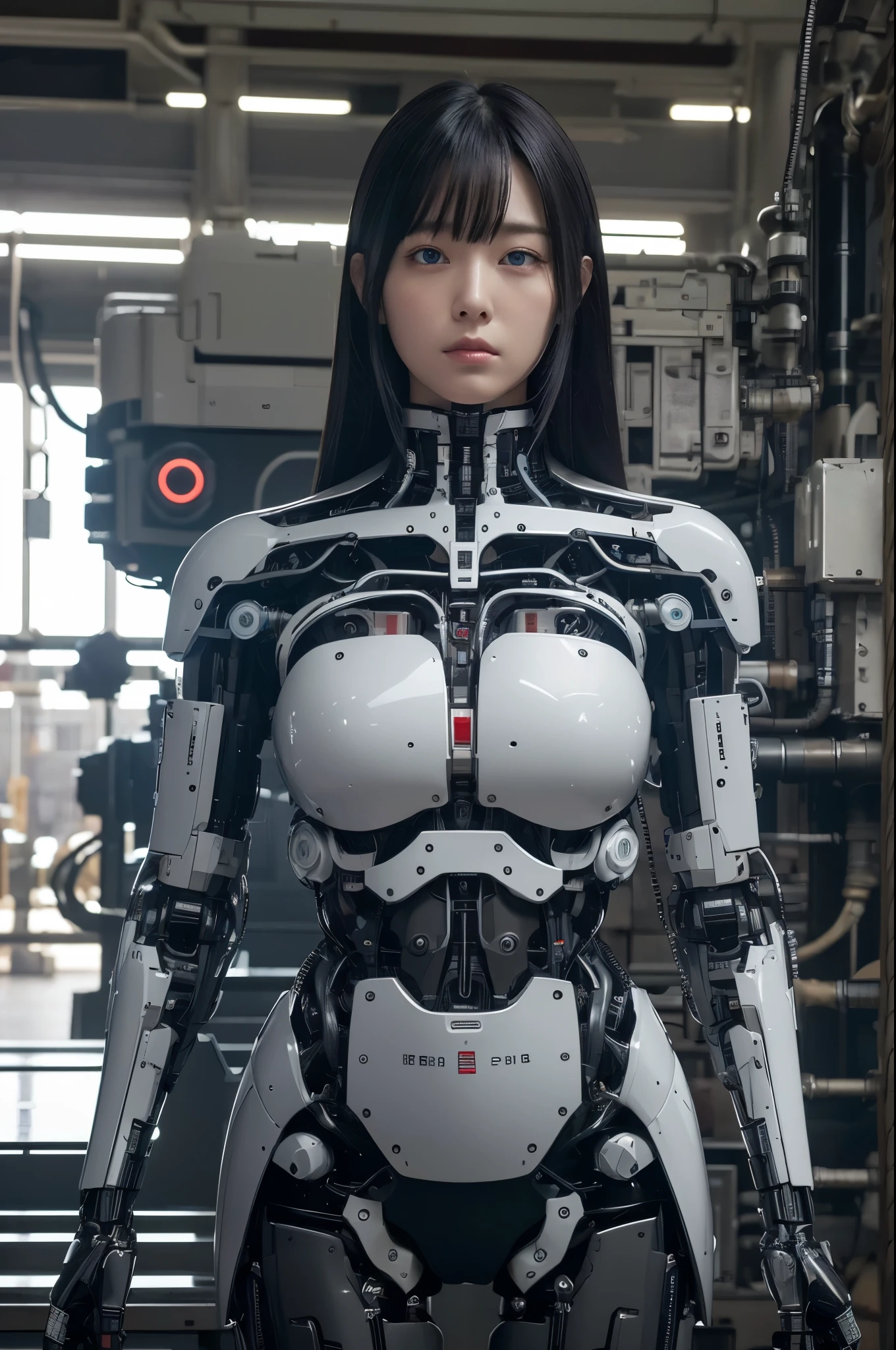 masterpiece, best quality, extremely detailed,8k portrait,Japaese android girl,Plump , control panels,android,Droid,Mechanical Hand, Robot arms and legs, Black hair,Blunt bangs,perfect robot girl,long tube,thick cable connected her neck,android,robot,humanoid,cyborg,japanese cyborg girl ,robot-assembly plant,She has assembled now,assembly scene,white robot body,blue eyes,