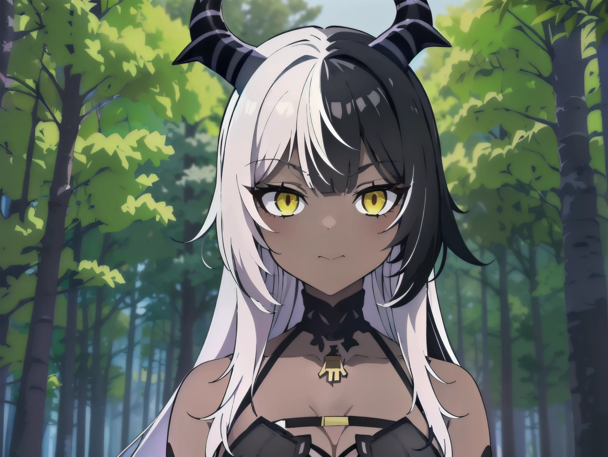 Concept art, ((CG)), ((1girl)), ****ta, ((((dark skin)))), ((((long white hair)))), (((blunt bangs))), yellow eyes, ((heterocromia)), (((horns))), ((cabelo emaranhado)), ((((sonolenta)))), desleixada, ((melhor qualidade)), ((brava)), (((black dress))), ((obra de arte)), ((((black cloack)))), (detalhado), rosto perfeito, ((style novel)), cores beautiful, ((((anime_collors)))), ((in Forest)), (Solo).