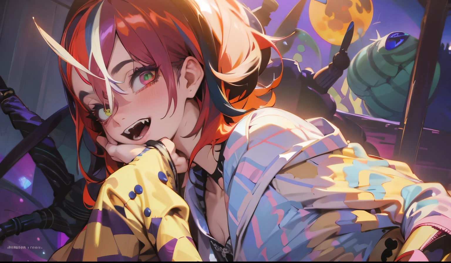 Beetlejuice, official art, 1girl, solo,(demonic, semi realistic, demonic, shiny skin, textured skin),holographic eyes, heterochromia, purple eyes, striped jacket,striped shirt, two tone hair, streaked hair, multicolored hair, red hair, green hair, wild hair, evil scene,teeth, side lighting, ray tracing, depth of field, solo, extreme light and shadow, masterpiece, post apocalyptic, sexy, beautiful , scary, rich in detail,(detailed eyes), (handsome) detailed, (dirt splotches), (horror theme), (beetlejuice), detailed eyes,(straight-on),(masterpiece), (best quality), (ultra-detailed), (best illustration),(best shadow),rim lighting, beetlejuice, ((Beetlejuice)), crazy grin, crazy expression,