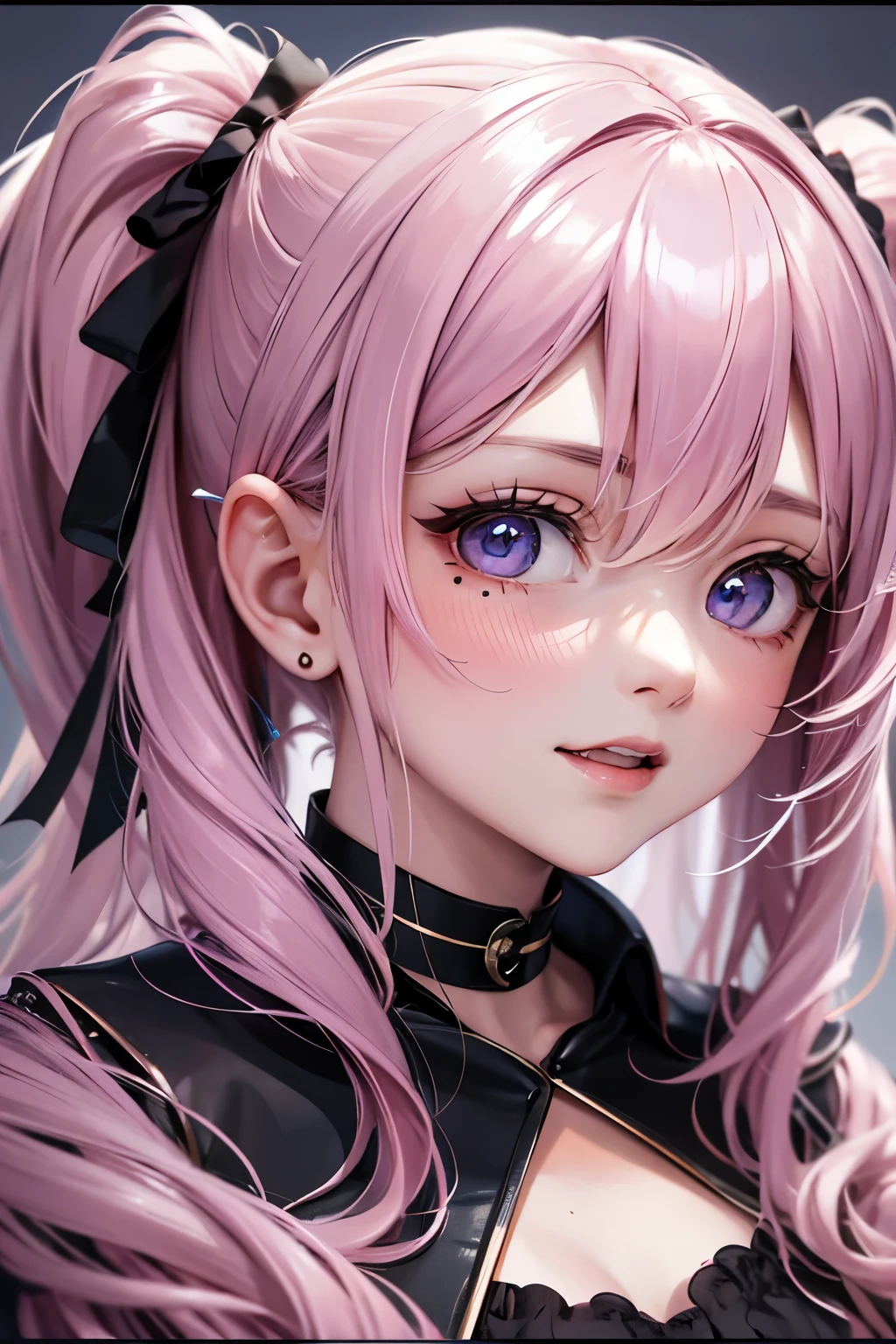 striped hair,pink twintail hair, Hello,  mole under eye, mole under mouth, heart shaped eyes, long eyelashes, pink eyes, heart shaped choker、Full body Esbian、look at the audience、shy, blush, teeth, ear blush, nose blush,anime style, color field paint, ray tracing, bloom, one person&#39;perspective, nffsw, award-winning, 16k, 最high quality, advanced details, high quality, table top, High resolution, Accurate, Super detailed