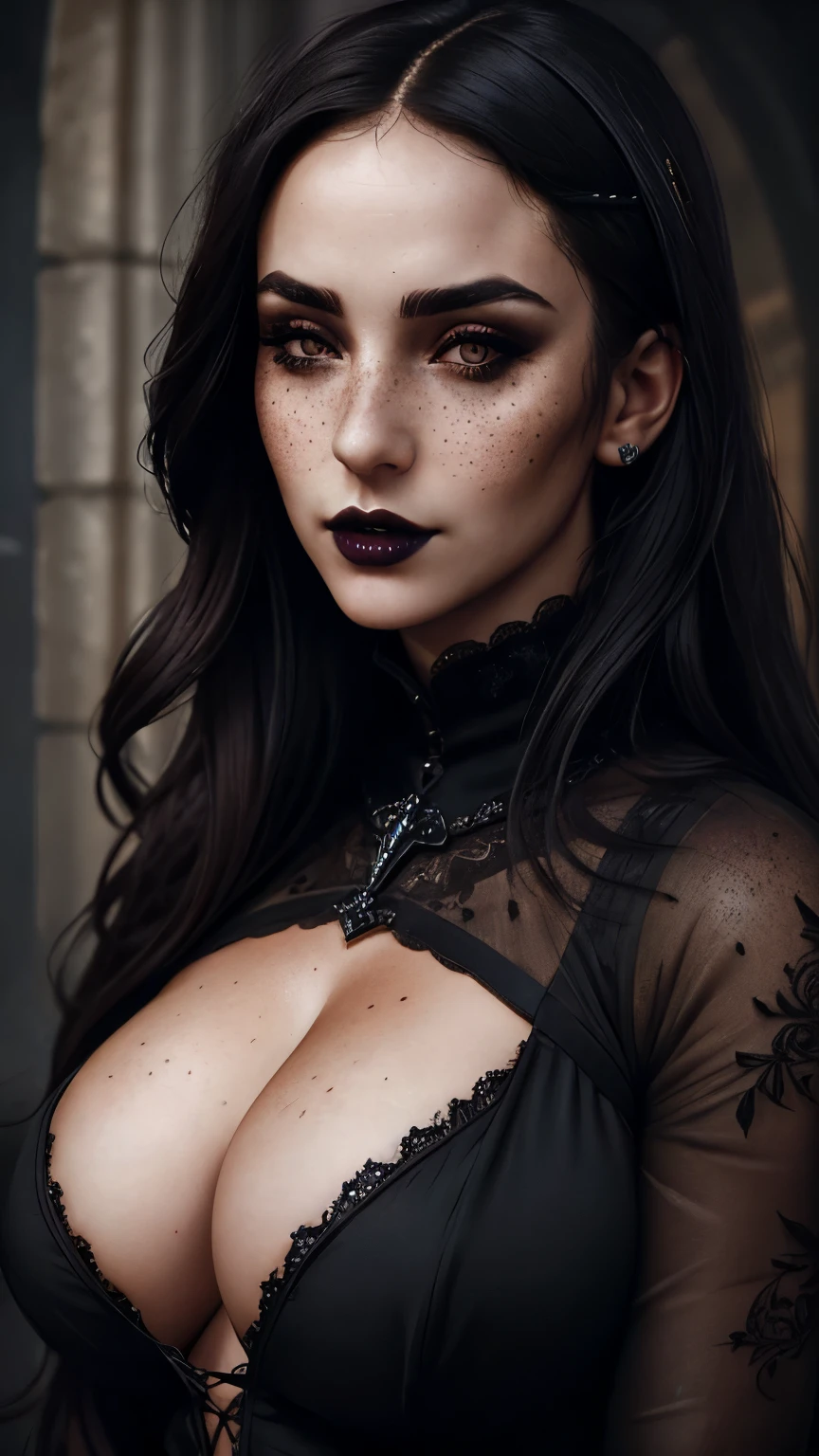 (best quality, hyperdetailed photography:1.2), beautiful lady, freckles, gothic dark makeup, soft light, massive perfect breast,head and breast portrait, cover, (detailed beautiful face, detail skin texture, ultra-detailed body:1.1) sexy vampire girl,