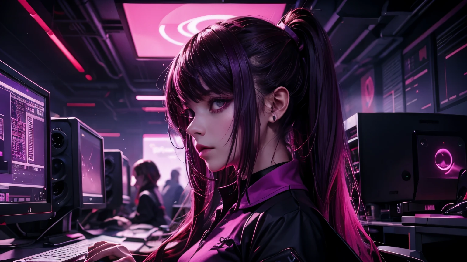 student, all orchid purple polo, Collar ends and sleeves There are 2 white lines,RED tone back ground, CYBER PUNK STYLE, Computer Science, Scifi, Dark fantasy style, Red neon, dark tone, hardware, IT