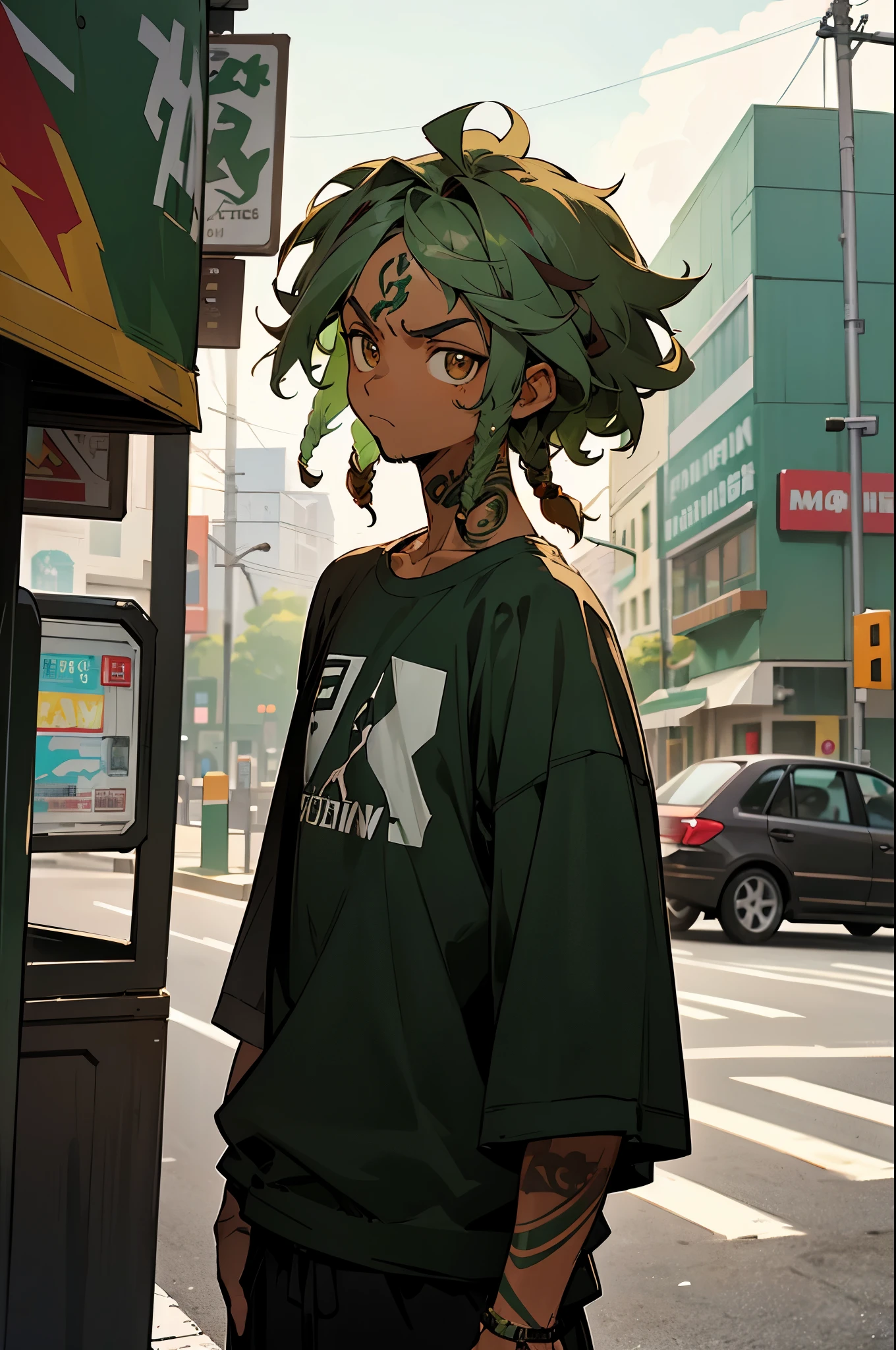 short hair, black shirt, adult male, brown eyes, morning, Two tone hair, grey and green hair color, multicolored hair, corner store in the background, caramel skin tone, white jordans, dark skin, standing still, muscular, looking at camera, angry, curly hair, small beard, tattoos,dreadlocks
