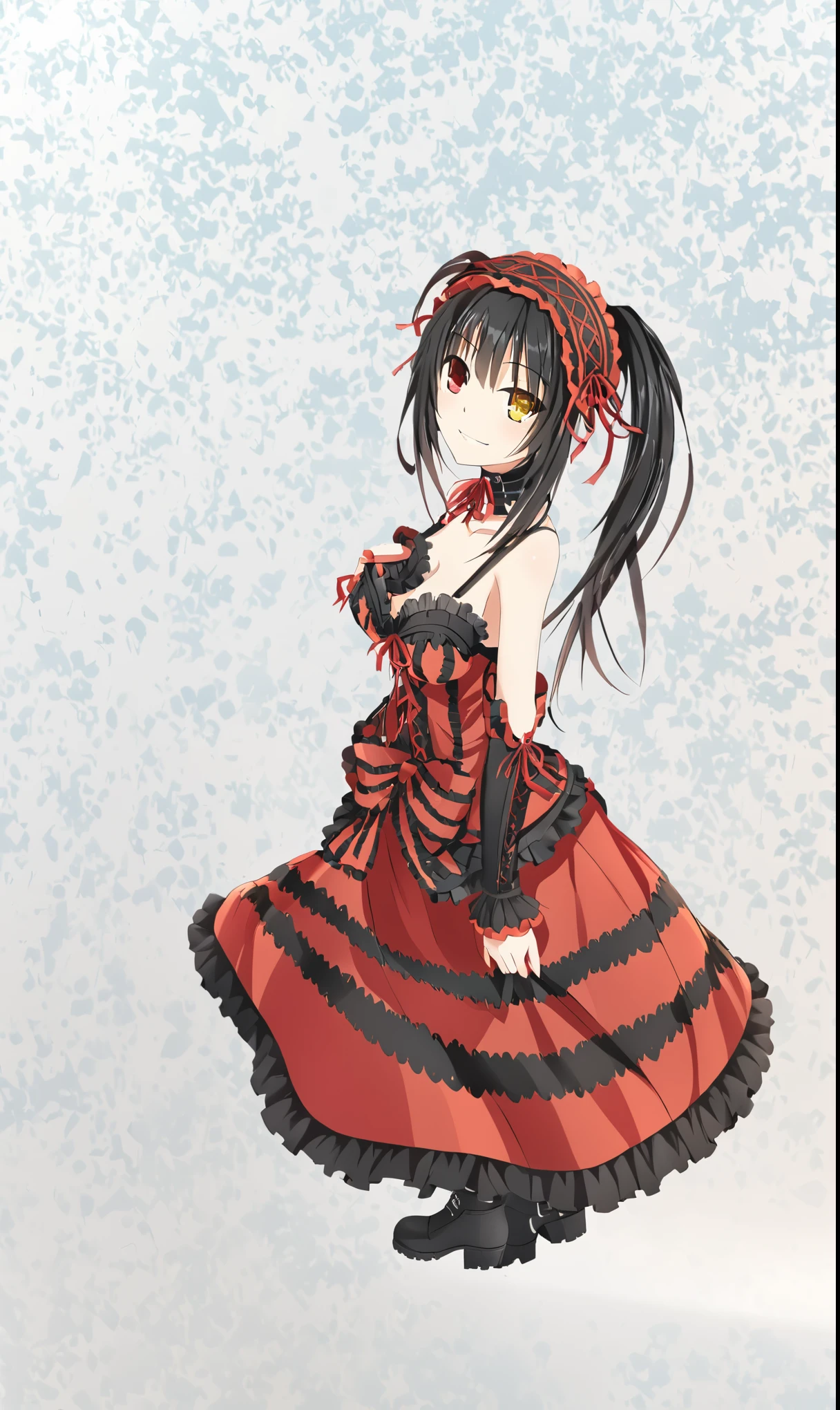 Kurumi Tokisaki, kurumi dress, KurumiBase, detached sleeves, frilled choker, 4k, kkkrumi\(double ponytail\), kkkrumi2Z\(hair over one eye\), kkkrumi\(gothic clothing\) , kkkrumi\(Hair Accessories\) , Evil smile,, higher angle, perspective, foreshortening, looking up, full body, full shot, dinamic pose, extremely detailed, clean lineart, neat, different red left eye and golden right eye, long hair, twin-tails, black hair, red and black Lolita dress, long black boots, black stockings, black garter belt), 1girl, tokisaki_kurumi, solo, twintails, breasts, clock_eyes, long_hair, black_hair, yellow_eyes, red_eyes, heterochromia, , hairband, lolita_fashion, lolita_hairband, symbol-shaped_pupils, floating_hair, collarbone, choker, ribbon, bare_shoulders, red_ribbon, dress