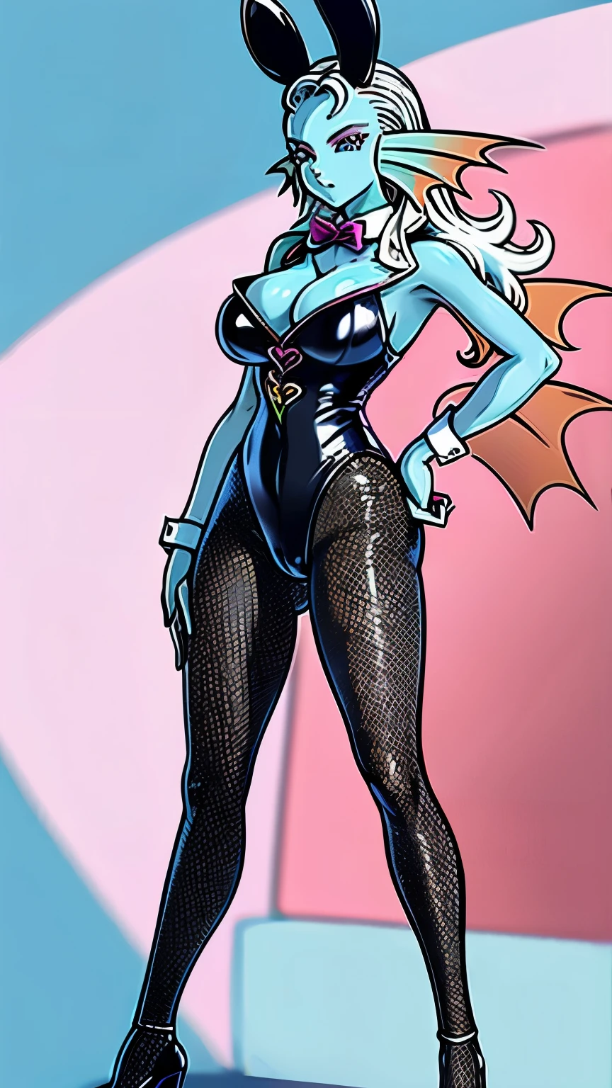 8K, high definition, married, beautiful, beautiful, bright, eye highlights, sexy, erotic, beautiful line drawing, light blue skin, blue and orange gradient ear fins, bunny girl, bunny suit, net tights on legs,large breasts,huge breasts,sasagging breasts,Light blue skin White hair Purple eyes ,shiny skin, shiny body、Black dust bunny suit, pink background, heart symbol on background,Black dust bunny suit, pink background, heart symbol on background, sexy bondage outfit,Blue skin,