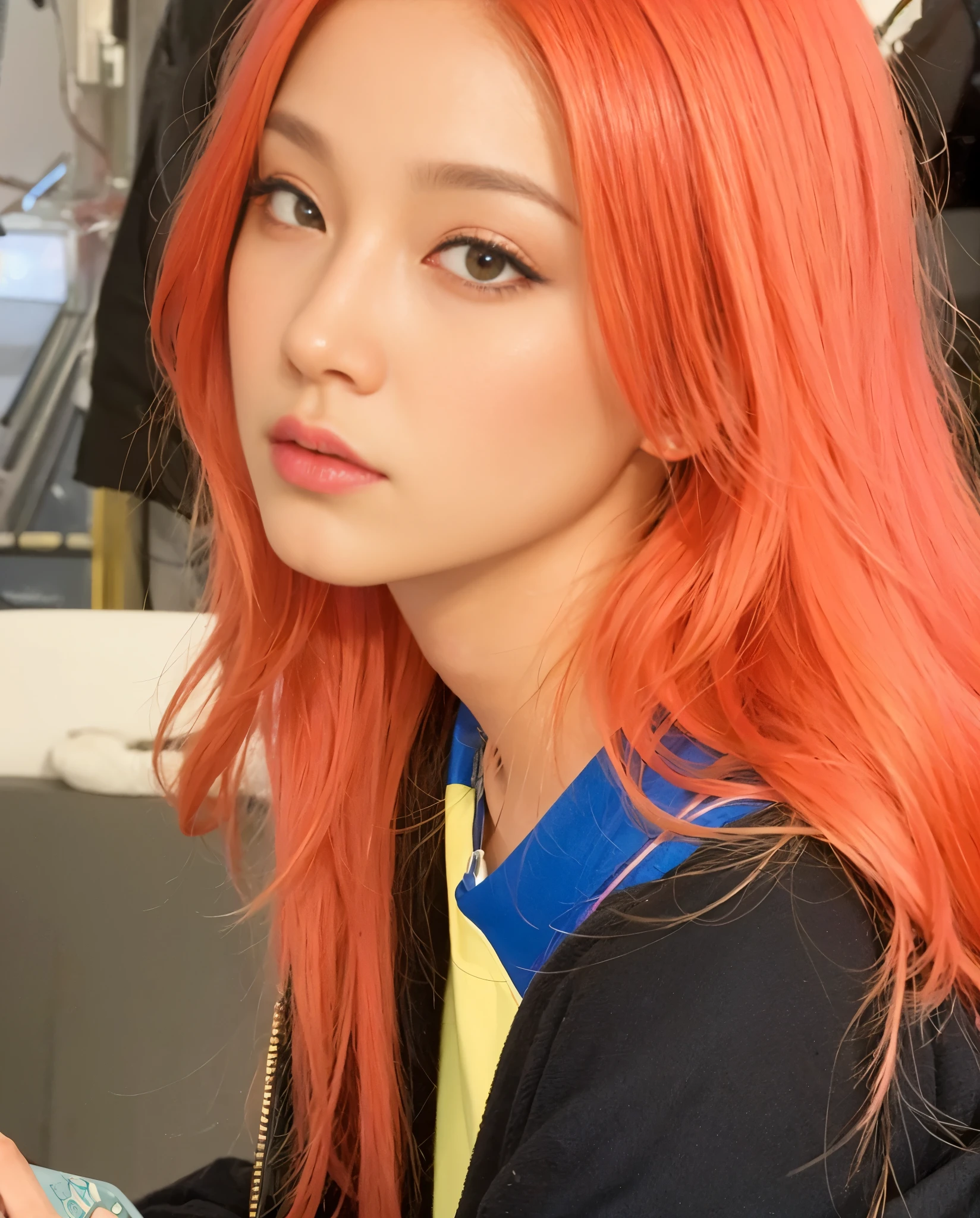 arafed woman with red hair and a black jacket holding a cell phone, jossi of blackpink, orange hair, colored hair, she has long redorange hair, hair coloring, brightly coloured hair, roseanne park of blackpink, portrait of jossi of blackpink, bright orange hair, bright hair, dyed hair, colorful hair, taejune kim, toned orange and pastel pink