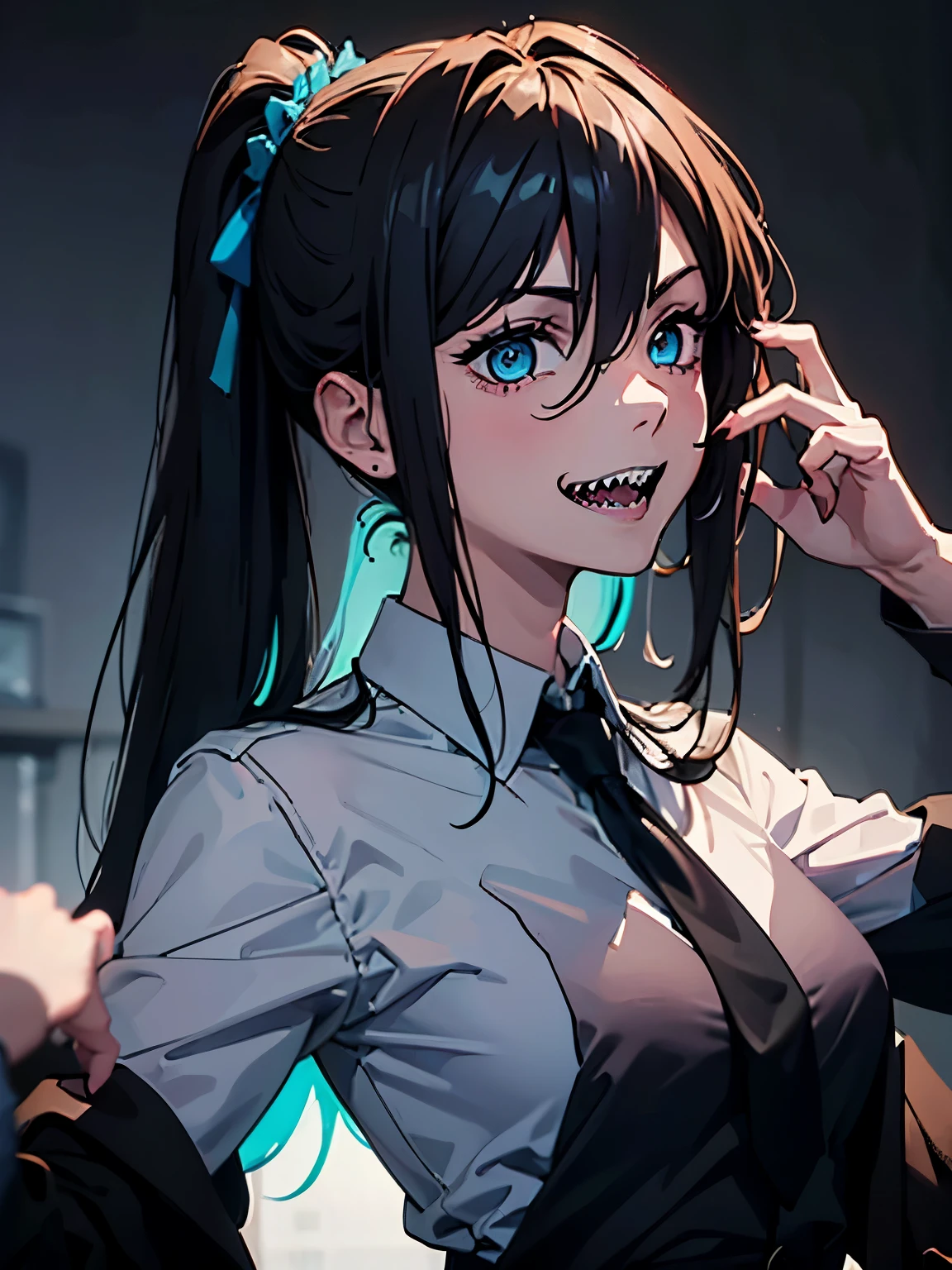 (obra de arte), (melhor qualidade), 1girl, two ponytails, long hair, dark blue hair, sharp eyes, blue eyes, sharp teeth, smiling, psycho, cyan and blue palette, super detailed, social blouse