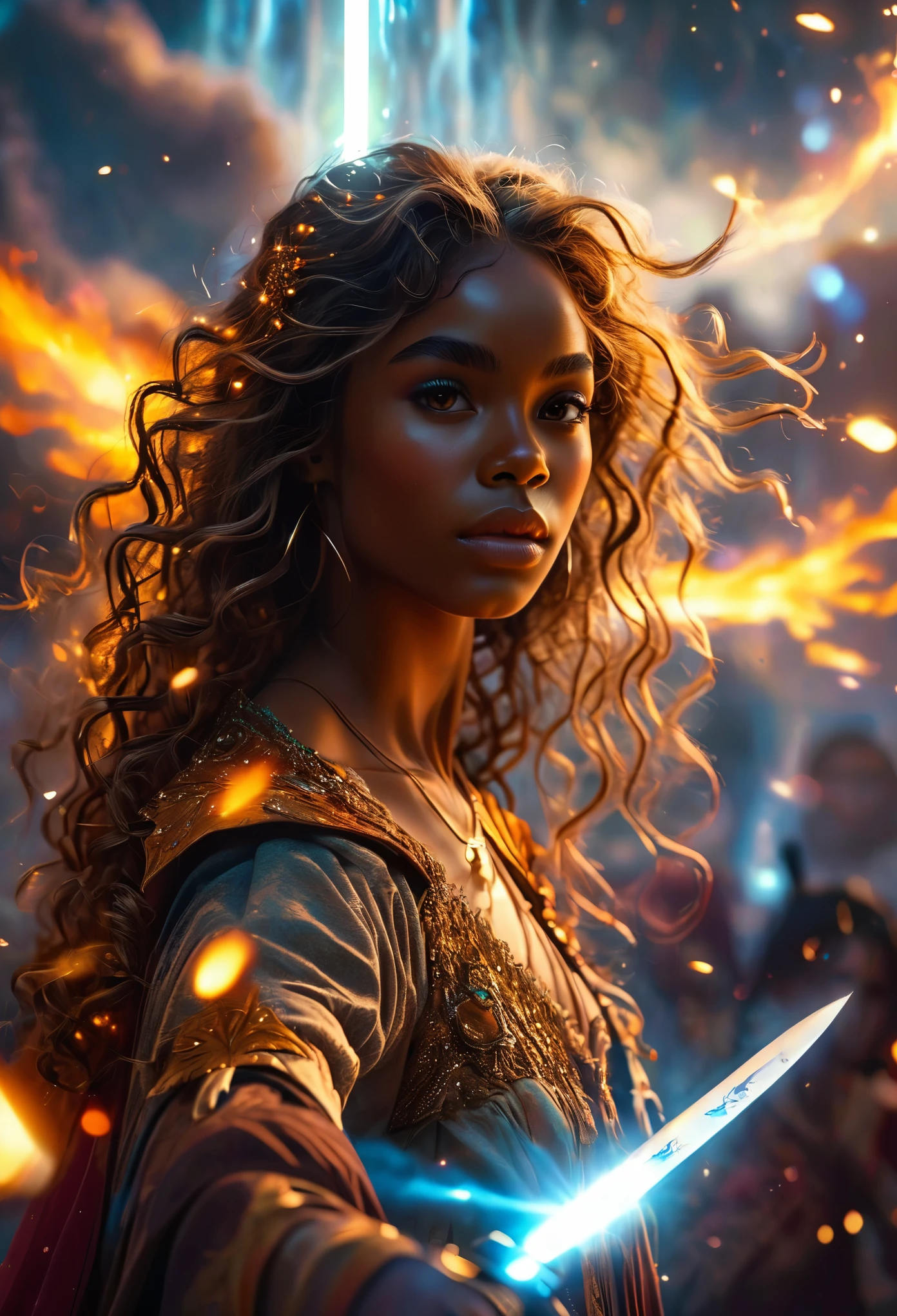 In a celestial landscape, four people dressed luxuous, differents faces, they are all darkskin african, (((young, in 20's))) (((two brown skin men and two brown skin woman))), (((two young brown skin long dark hair duke:1.3))), (((one brown skin dark hair woman))) and (((one brown hair woman1.3))), (they are two différent and separate couple1.2). (Two couple of four people:1.2). The first couple is a brown skin duke long dark curly hair with a blonde long hair woman. The second couple is a brown skin duke curly dark hair with a short brown hair woman, (((blonde hair brown skin woman and brownskin:1.5))) trying to kill him with a knife, dangerous scene, war, battle, 8K, extremely detailed, high quality, (photorealistic:1.37), Full body, vibrant colors, perfect lighting, soulful expressions, celestial aura, majestic presence, dreamlike atmosphere, 8 k artistic photography, photorealistic concept art, soft natural volumetric cinematic perfect light