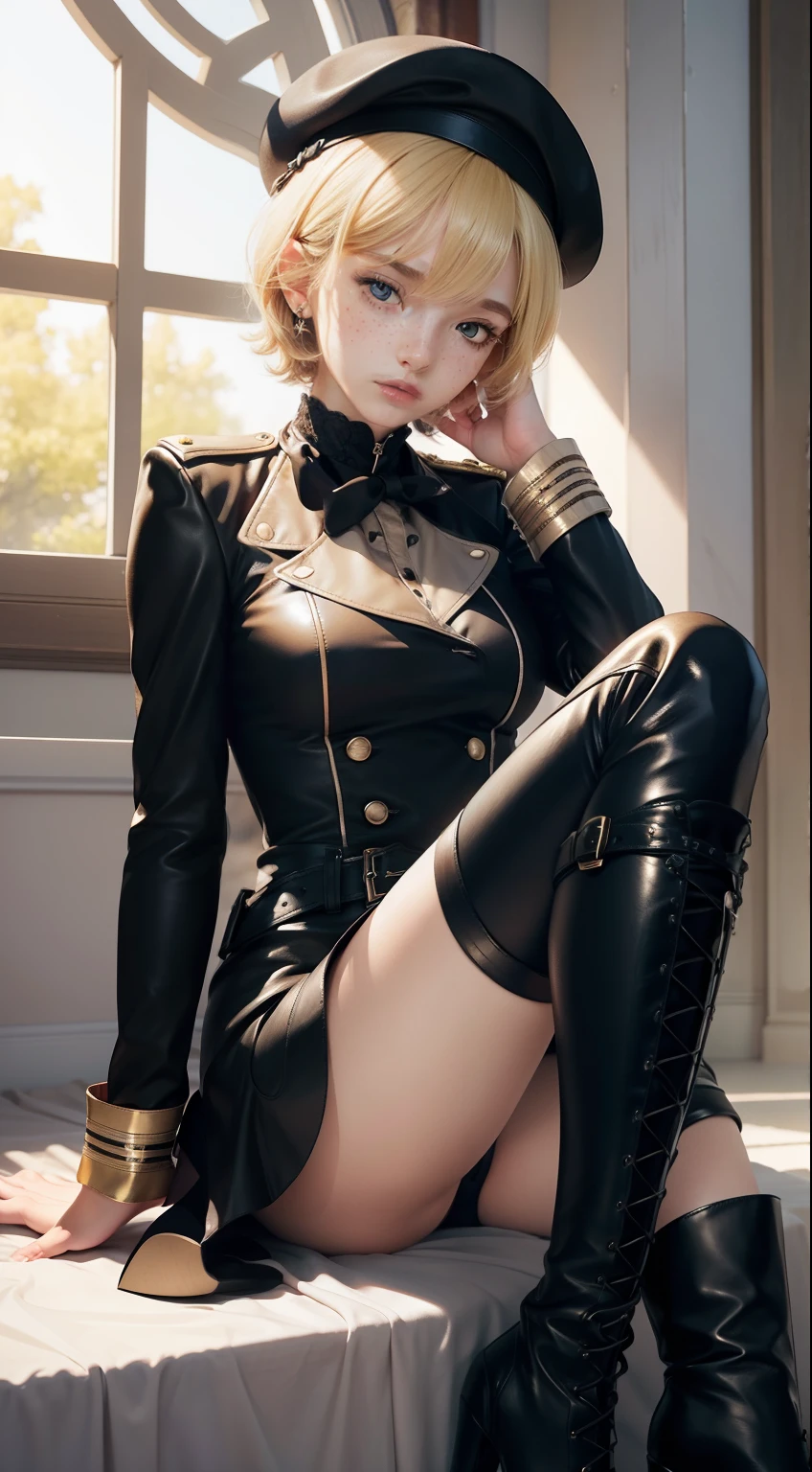 1girl, natural lighting, masterpiece, highly detailed, illustration, game CG, absurdres, high quality, blonde, short hair, freckles, glossy lips, looking at viewer, tight black leather parade uniform, beret, ceremonial, high heel riding boots, serious look