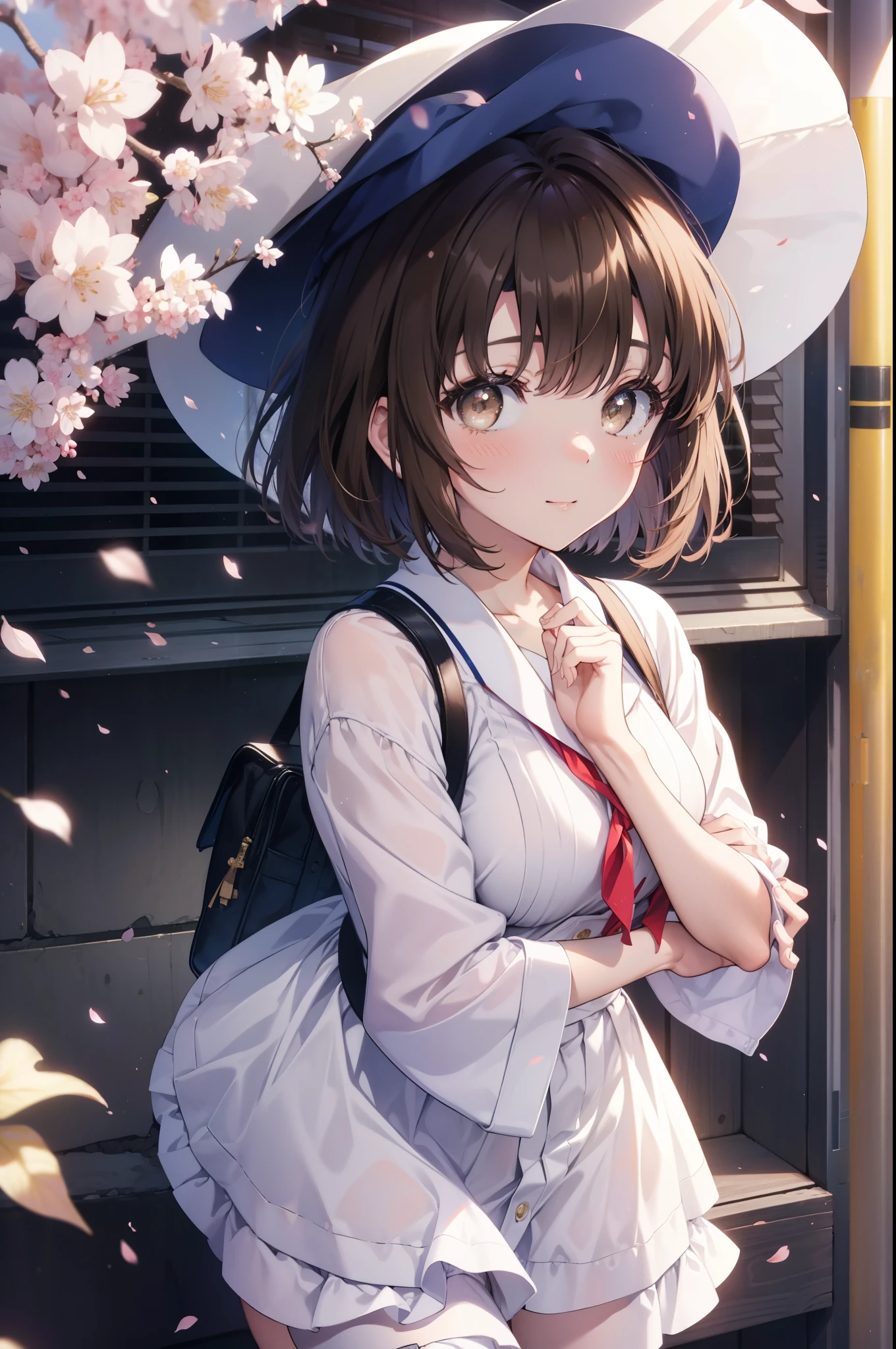 katoumegumi, megumi katou, brown hair, short hair, (brown eyes:1.5),smile,blush,open your mouth,happy atmosphere white beret hat, oversized sweater,short denim pants,white pantyhose,short boots,Asahi,sun,sunが登っている,SakuraFubuki,cherry blossoms are blooming,Cherry blossoms are scattered,
break looking at viewer,
break outdoors, residential street,
break (masterpiece:1.2), highest quality, High resolution, unity 8k wallpaper, (figure:0.8), (detailed and beautiful eyes:1.6), highly detailed face, perfect lighting, Very detailed CG, (perfect hands, perfect anatomy),