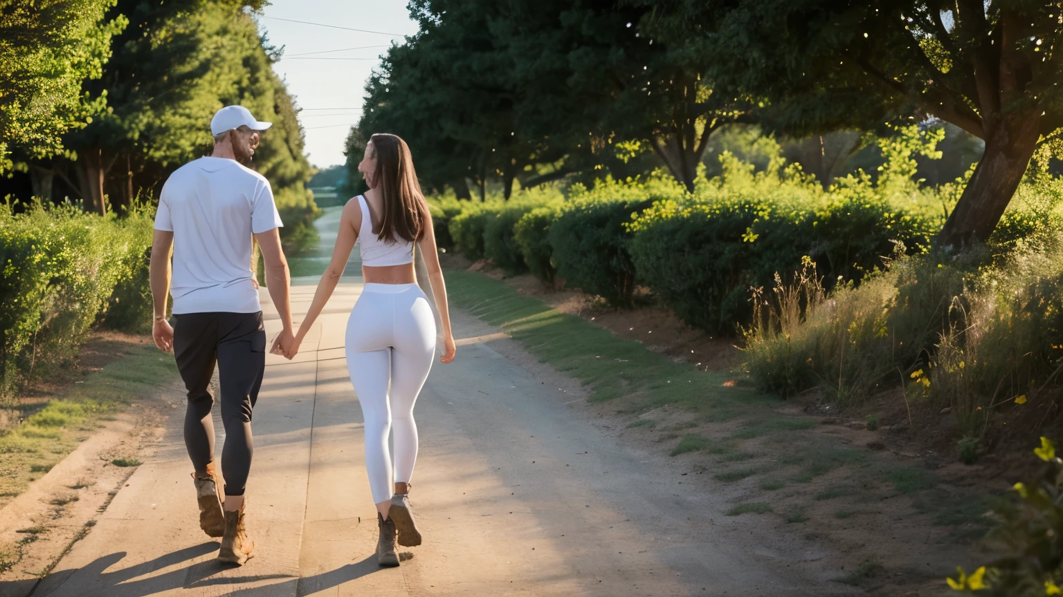 Black wavy hair in the garden, in jeans, Barefoot woman. 2 men touching woman's butt