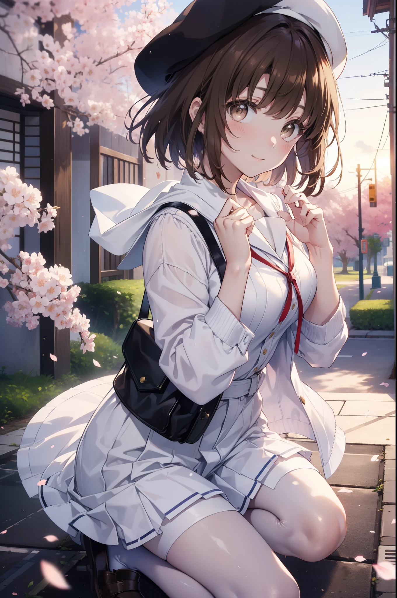 katoumegumi, megumi katou, brown hair, short hair, (brown eyes:1.5),smile,blush,open your mouth,happy atmosphere white beret hat, oversized sweater,short denim pants,white pantyhose,short boots,Asahi,sun,sunが登っている,SakuraFubuki,cherry blossoms are blooming,Cherry blossoms are scattered,
break looking at viewer,
break outdoors, residential street,
break (masterpiece:1.2), highest quality, High resolution, unity 8k wallpaper, (figure:0.8), (detailed and beautiful eyes:1.6), highly detailed face, perfect lighting, Very detailed CG, (perfect hands, perfect anatomy),