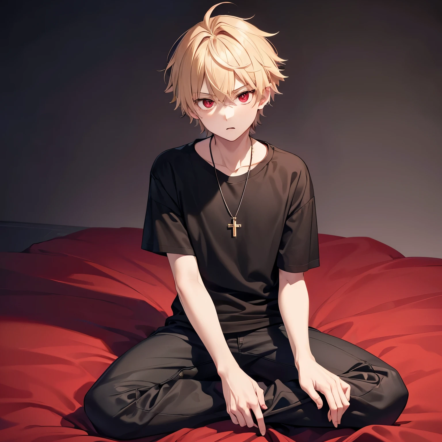 1boy,20 years old, handsome,cross necklace,Short blonde hair, messy hair, red eyes, vampire, short black t-shirt, plain t-shirt, long black pants, sitting, panicked expression, ultra detail, ultra HD, masterpiece 