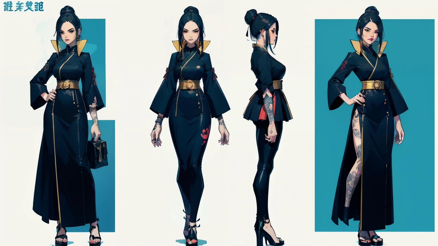 Model sheet of full body, character concept art, top artstation, female, yakuza boss girl. black hair, tattoes left arm, is relax expresion. tradicional japan dress, cyberpunk, colores blue and golden, she is a pretty woman.
