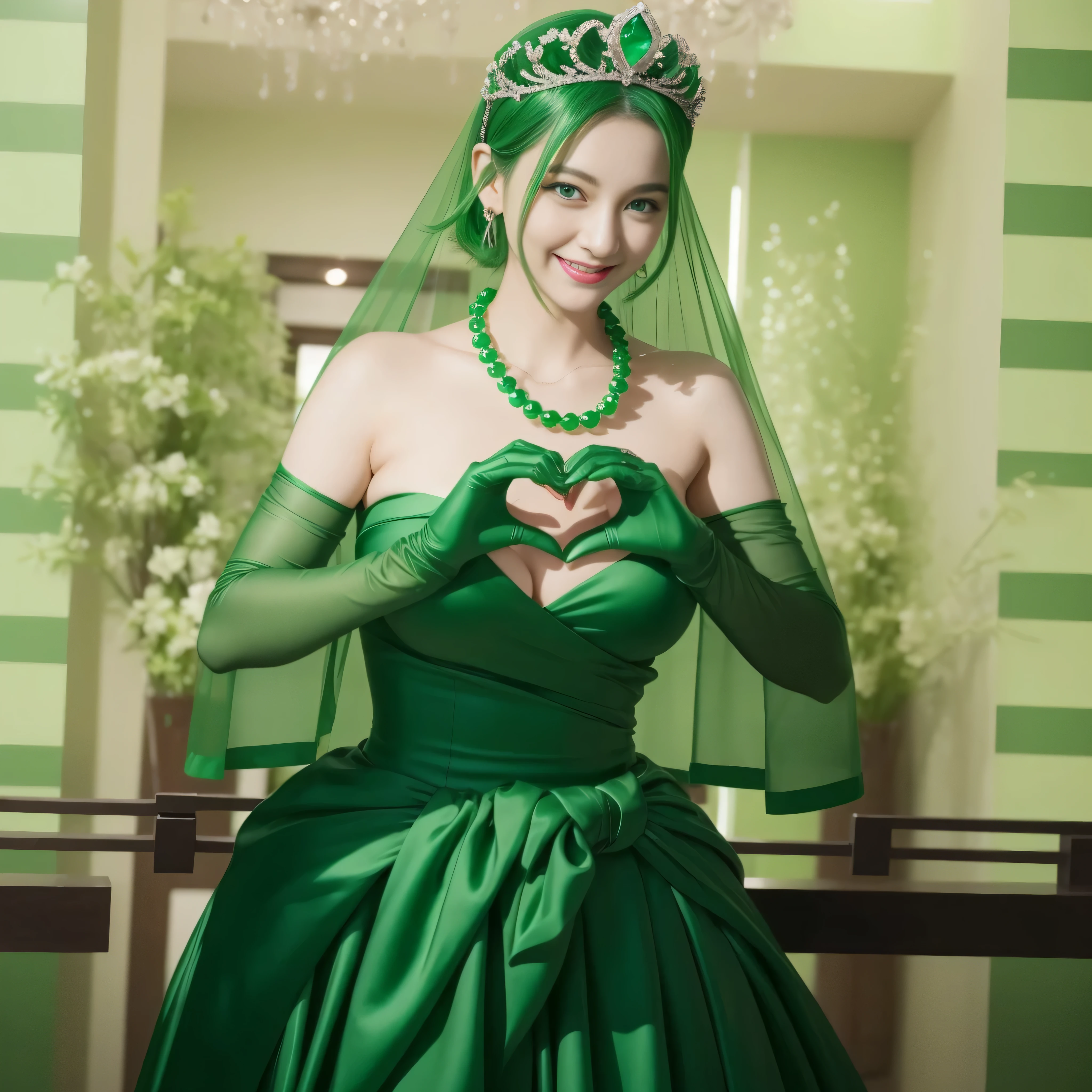 emerald tiara, green pearl necklace, ボーイッシュな非常に短いgreen hair, green lips, Woman in her 30s Japan smiling, very short hair,  Beautiful woman with big breasts, green eyes, green satin long gloves, green eyes, emerald earrings, green veil, Heart with both hands, green hair, beautiful japanese woman, heart shaped hands:1.3, green lip gloss