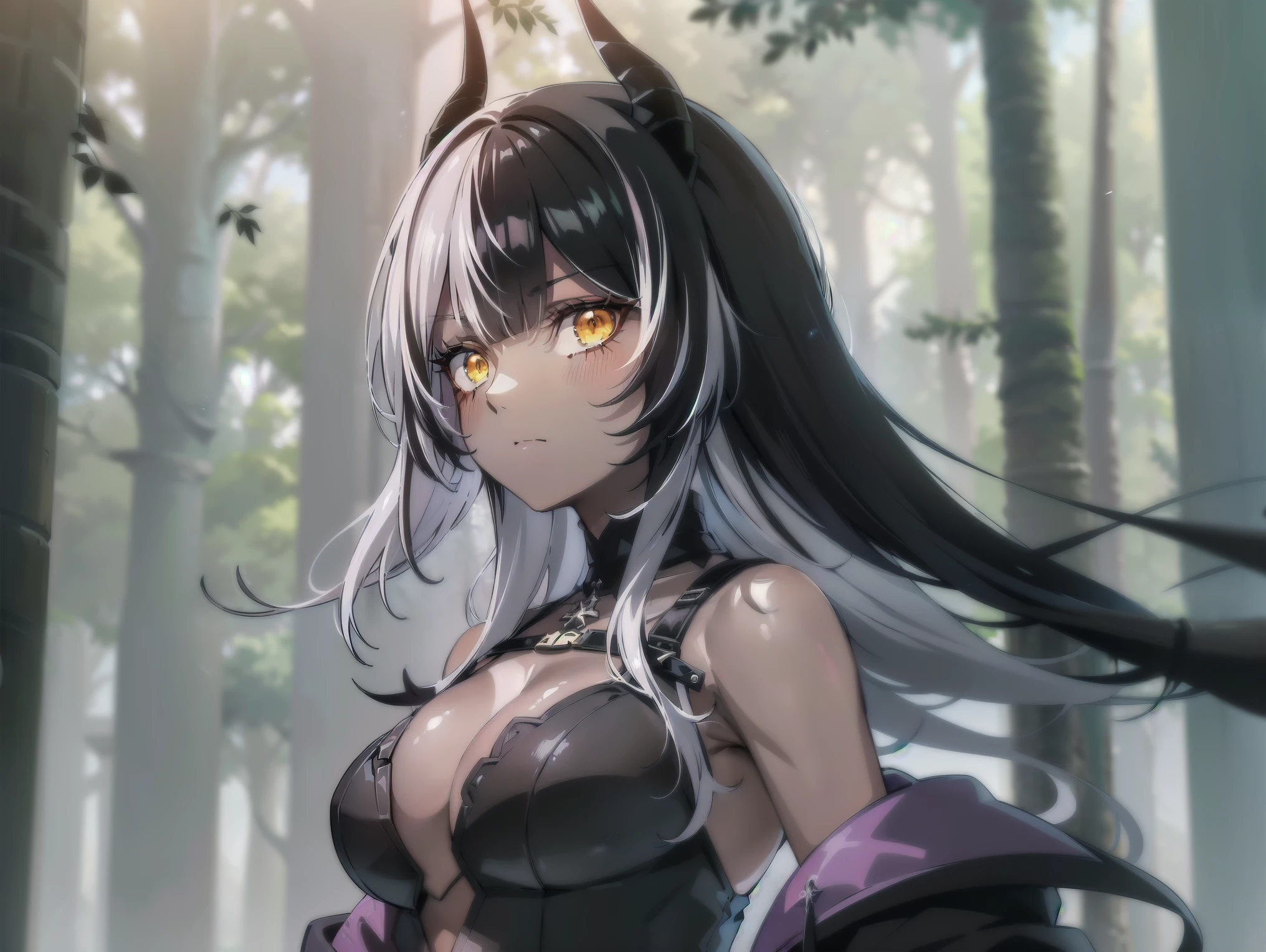 Concept art, ((CG)), ((1girl)), ta, ((((dark skin)))), ((((long white hair)))), (((blunt bangs))), yellow eyes, ((heterocromia)), (((horns))), ((cabelo emaranhado)), ((((sonolenta)))), desleixada, ((melhor qualidade)), ((brava)), (((black dress))), ((obra de arte)), ((((black cloack)))), (detalhado), rosto perfeito, ((style novel)), cores beautiful, ((((anime_collors)))), ((in Forest)), (Solo).