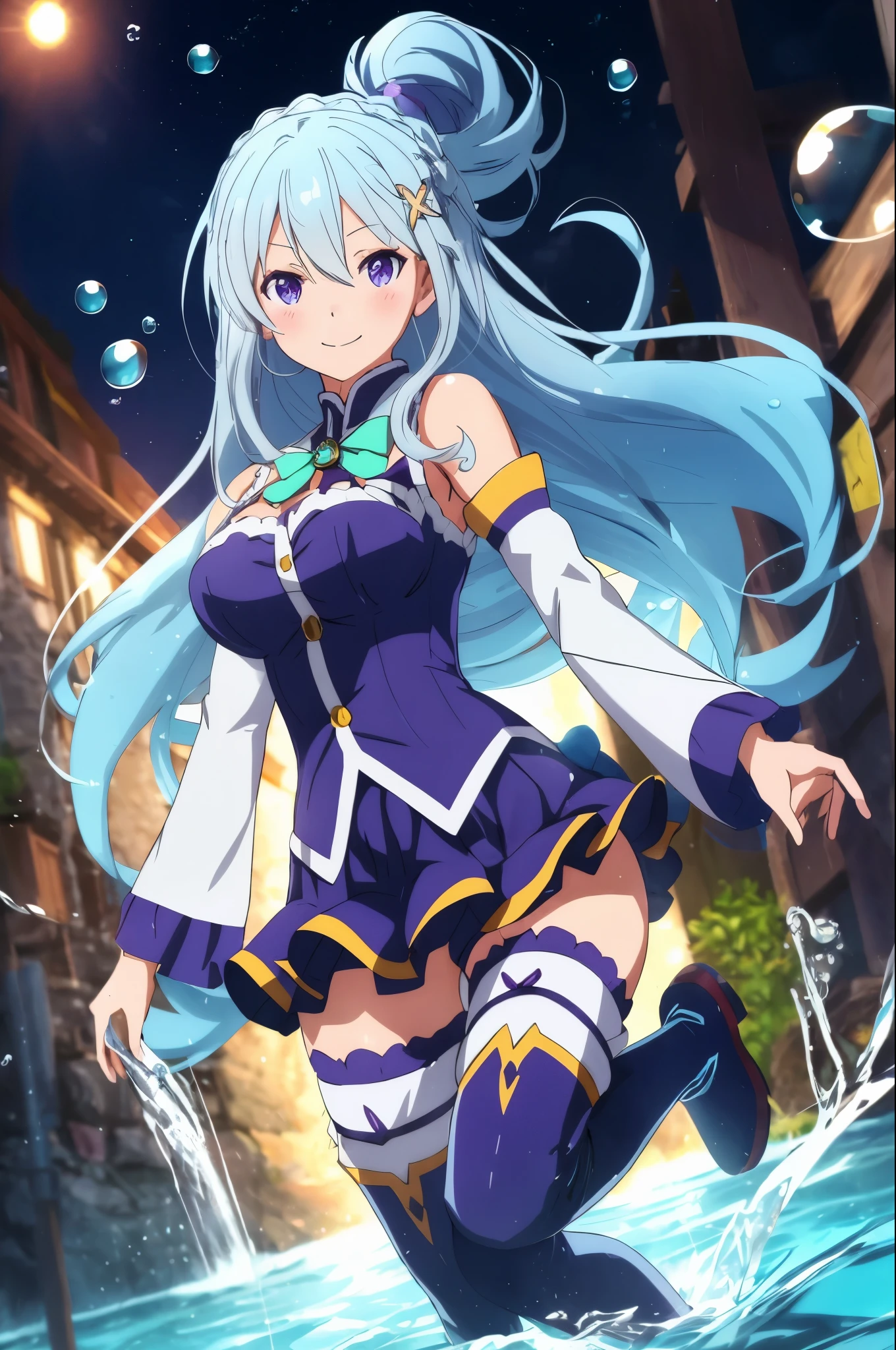 aqua \(konosuba\), mksks style, (very detailed background:1.0), (highly detailed background:1.0), {Masterpiece}, High Quality, 1girl, Emilia re:zero, purple eyes, Emilia, crown braid, x hair ornament, flower hair ornament, white hair, very long hair, medium breasts, blue footwear, blue hair, blue thighhighs, blush, boots, breasts, bubble, detached sleeves, hair ornament, hair rings, leg up, long hair, looking at viewer, medium breasts, open hand, single hair ring, skirt, smile, solo, standing, standing on one leg, thigh boots, thighhighs, very long hair, water, white thighhighs, kono subarashii sekai ni shukufuku wo!,