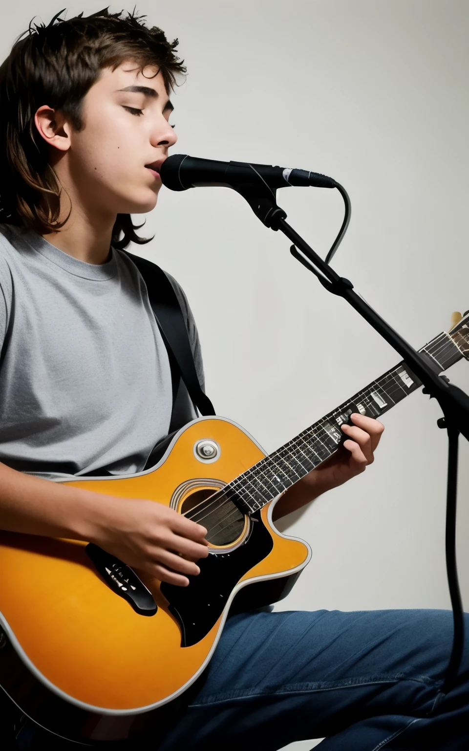  a ager plays the guitar.  imagem hiper realista e cinematografica