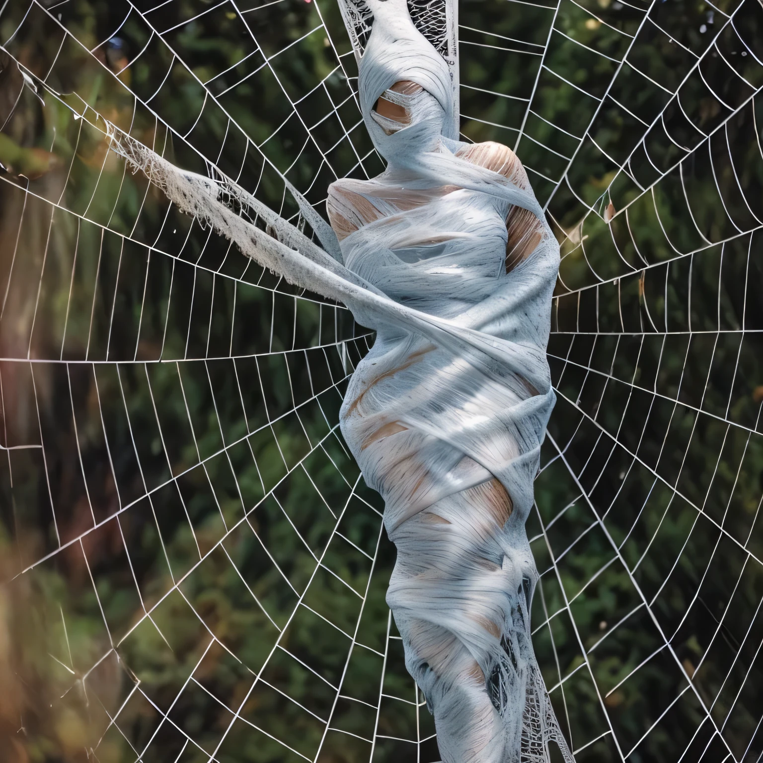 a girl entangled in the spider web, struggle, detailed classroom, (cocoon:1.3), spider web, hanging, spider in the web, spider