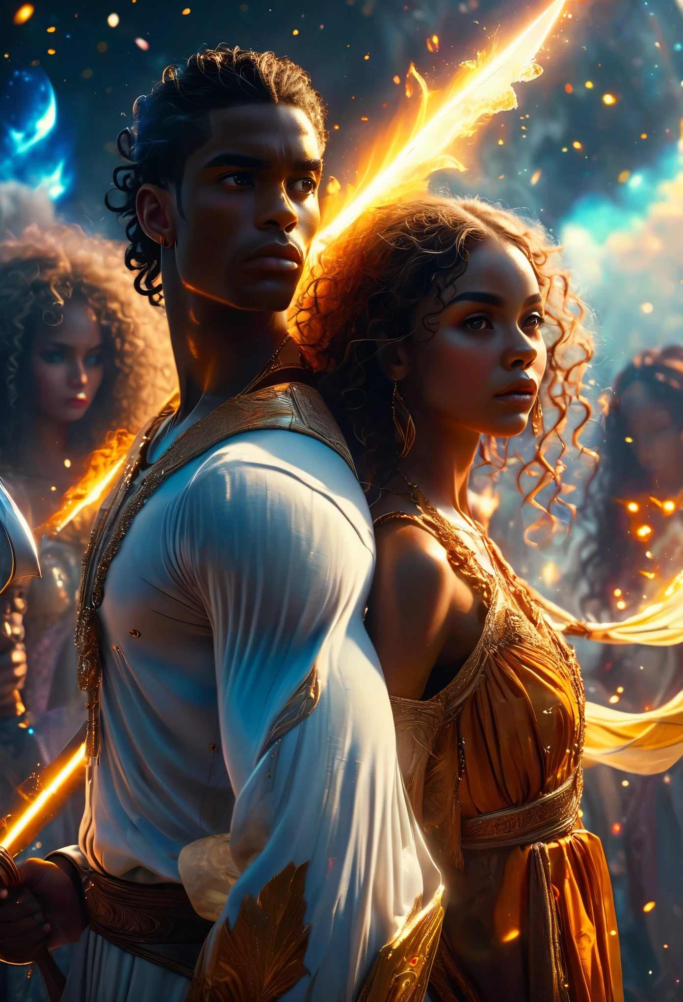 In a celestial landscape, four people dressed luxuous, differents faces, they are all darkskin, (((young, in 20's))) (((two brown skin men and two brown skin woman))), (((two young brown skin long dark hair duke:1.3))), (((one brown skin blonde hair pregnant1.5 woman))) and (((one short brown hair woman no pregnant1.3))), (only one woman pregnant:1.7), (they are two différent and separate couple1.2). (Two couple of four people:1.2). The first couple is a brown skin duke long dark curly hair with a ginger long hair pregnant woman. The second couple is a brown skin duke curly dark hair with a short brown hair woman, (((ginger hair brown skin woman is pregnant and brownskin:1.5))) trying to kill him with swords, dangerous scene, war, battle, 8K, extremely detailed, high quality, (photorealistic:1.37), Full body, vibrant colors, perfect lighting, soulful expressions, celestial aura, majestic presence, dreamlike atmosphere, 8 k artistic photography, photorealistic concept art, soft natural volumetric cinematic perfect