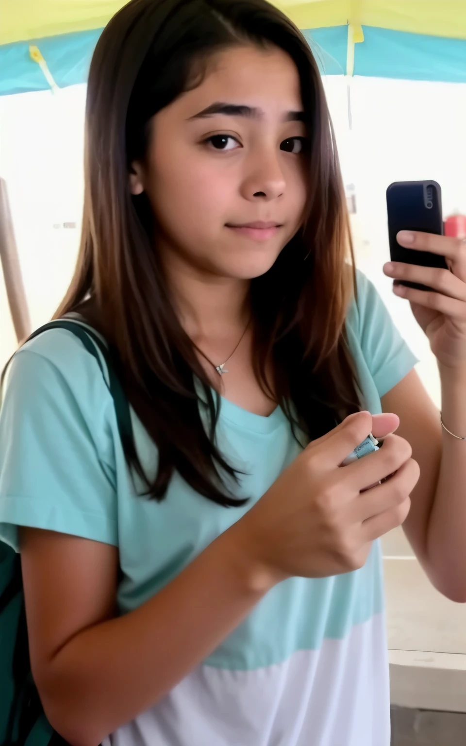 imagem de um celular e uma mao de adolescente segurando. vemos a iamgem atras da nuca de um adolescente. magem hiper realista e cinematografica