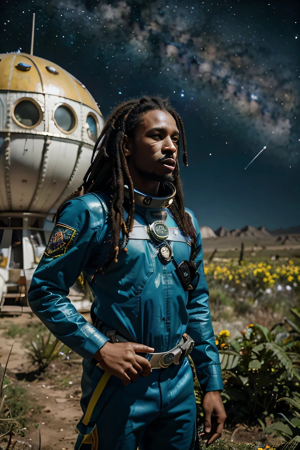 "A detailed painting of a Rastafarian alien man dressed as a space ranger, explorando uma paisagem extraterrestre adornado com vibrante, flores de outro mundo. Sci-fi wonderland, imaginativo, aventura espacial." Com guerra e ets, homem latino astronauta