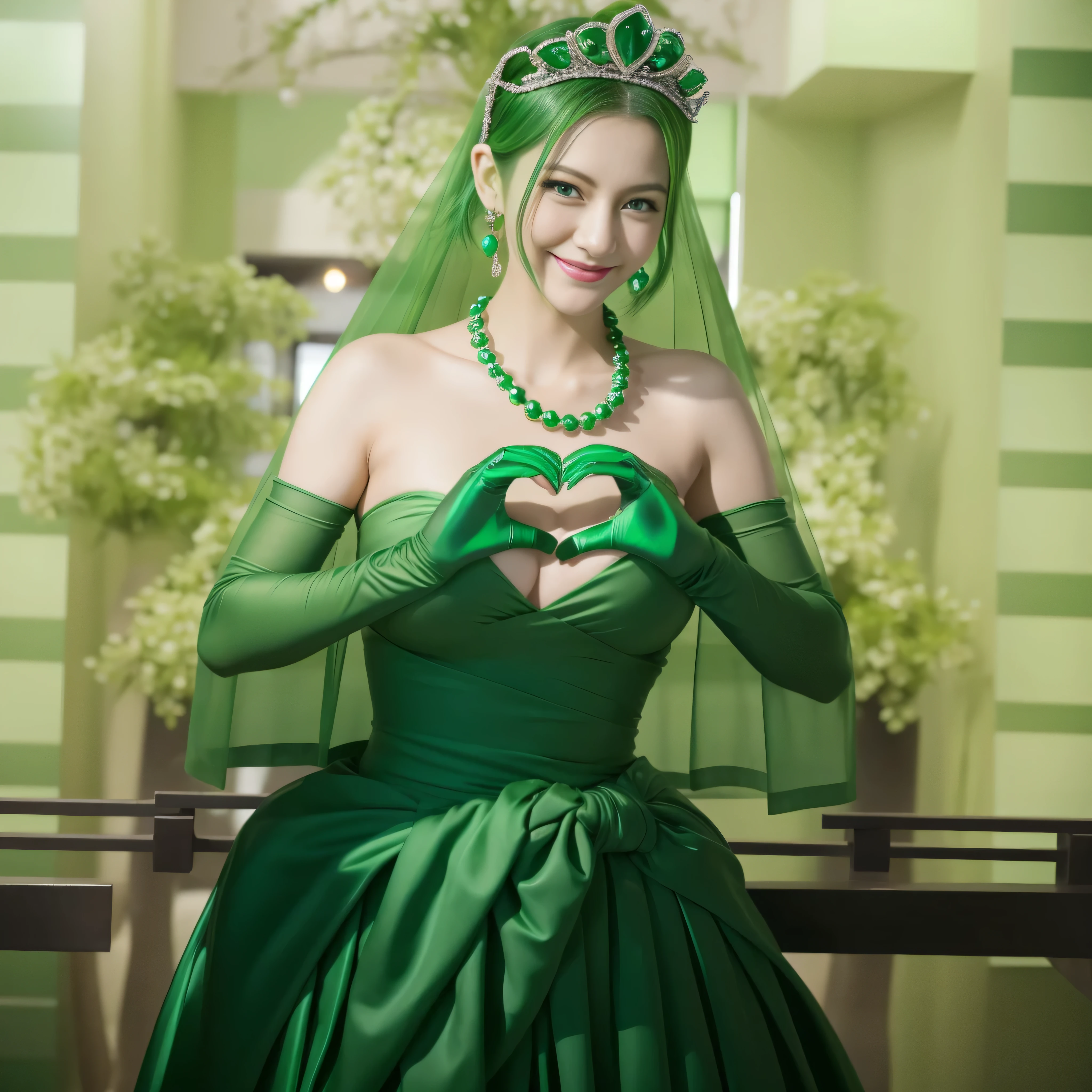 emerald tiara, green pearl necklace, ボーイッシュな非常に短いgreen hair, green lips, Woman in her 30s Japan smiling, very short hair,  Beautiful woman with big breasts, green eyes, green satin long gloves, green eyes, emerald earrings, green veil, Heart with both hands, green hair, beautiful japanese woman, heart shaped hands:1.3, green lip gloss